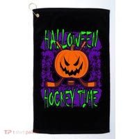 Halloween Hockey Time With Spooky Pumpkin And Hockey Sticks Golf Towel thumb 0