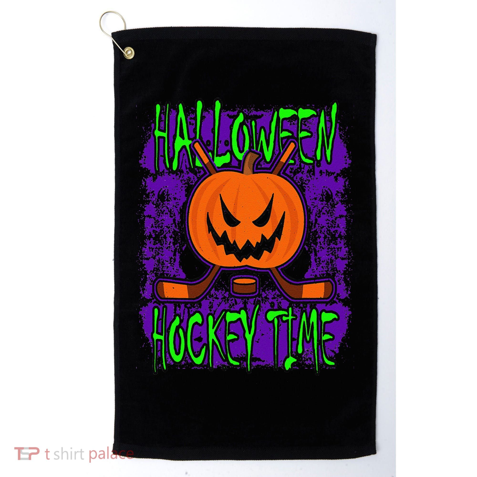 Halloween Hockey Time With Spooky Pumpkin And Hockey Sticks Golf Towel