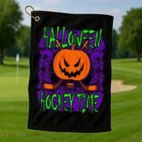 Halloween Hockey Time With Spooky Pumpkin And Hockey Sticks Golf Towel thumb 1