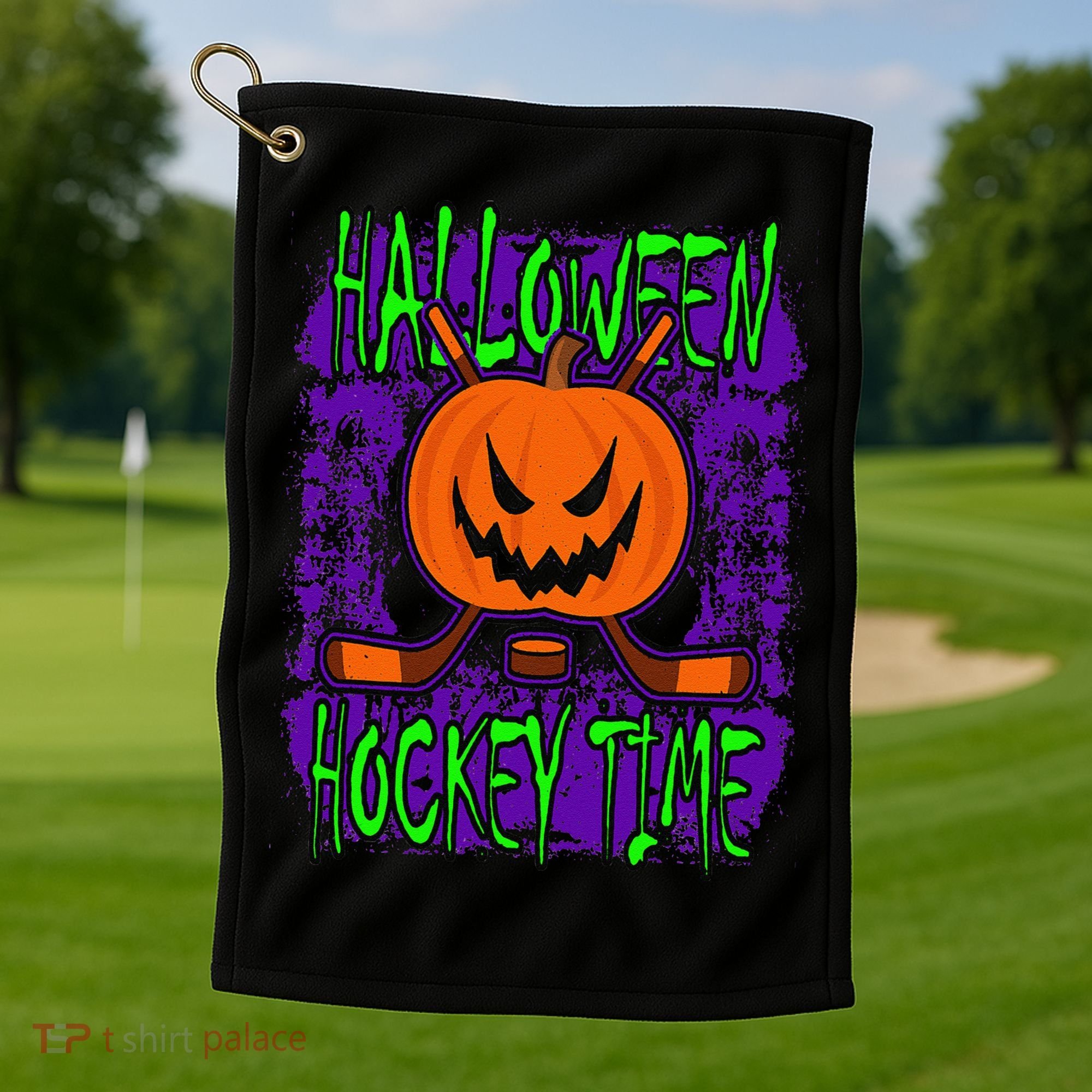 Halloween Hockey Time With Spooky Pumpkin And Hockey Sticks Golf Towel