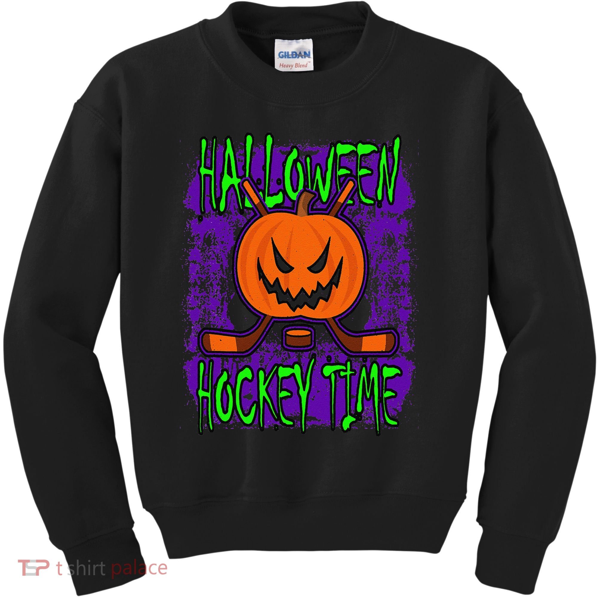 Halloween Hockey Time With Spooky Pumpkin And Hockey Sticks Kids Sweatshirt