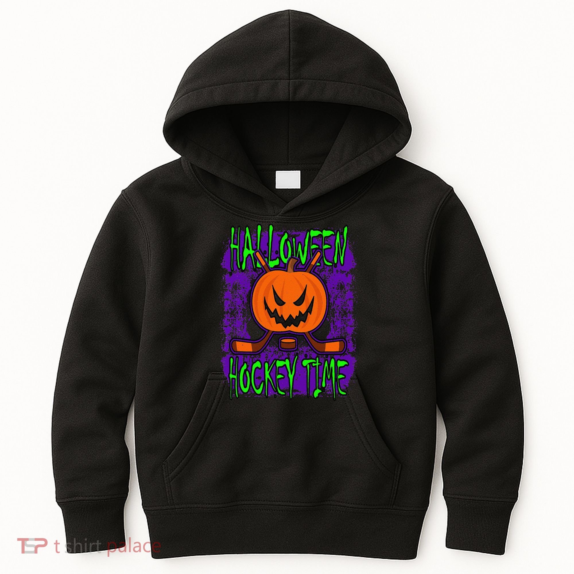 Halloween Hockey Time With Spooky Pumpkin And Hockey Sticks Kids Hoodie