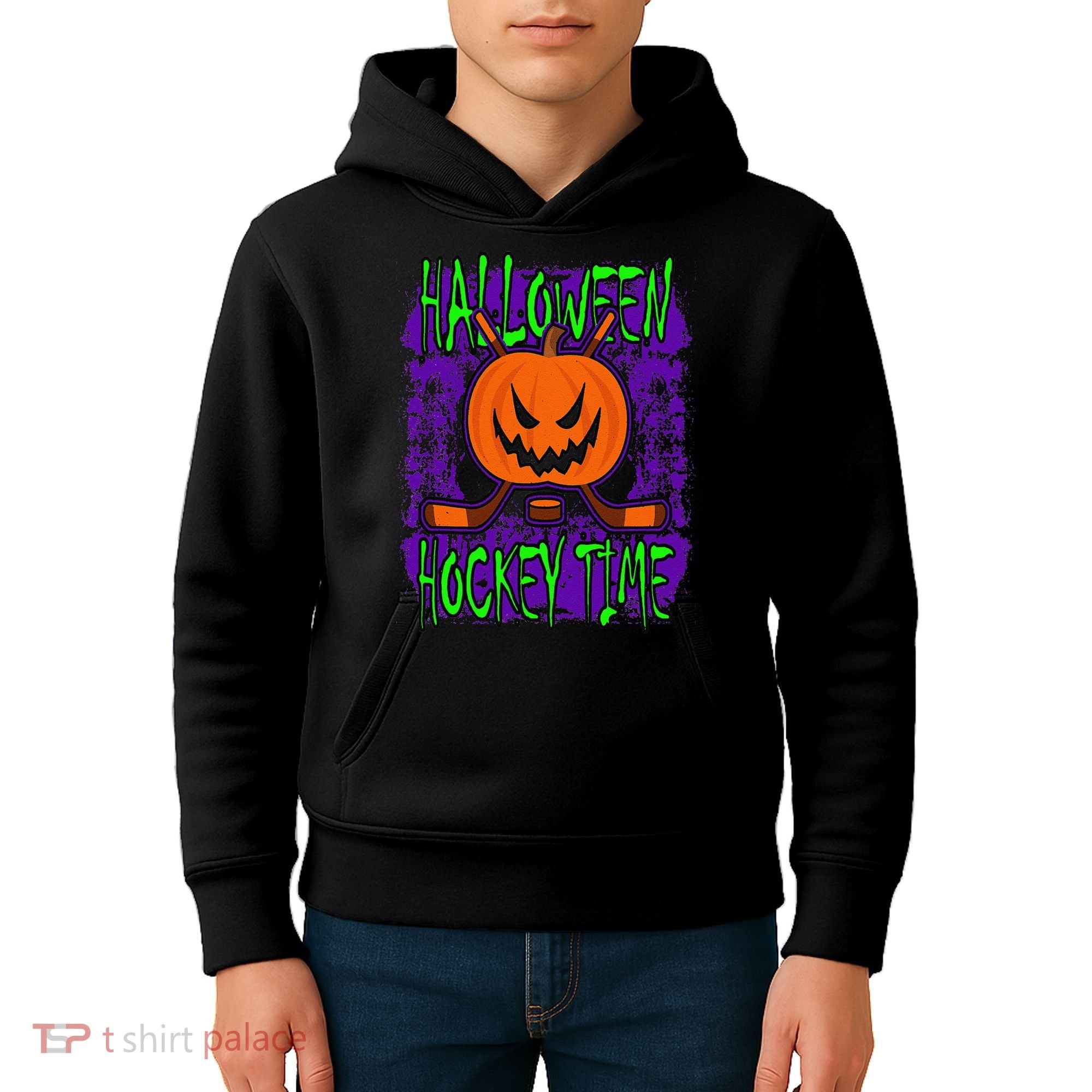 Halloween Hockey Time With Spooky Pumpkin And Hockey Sticks Kids Hoodie
