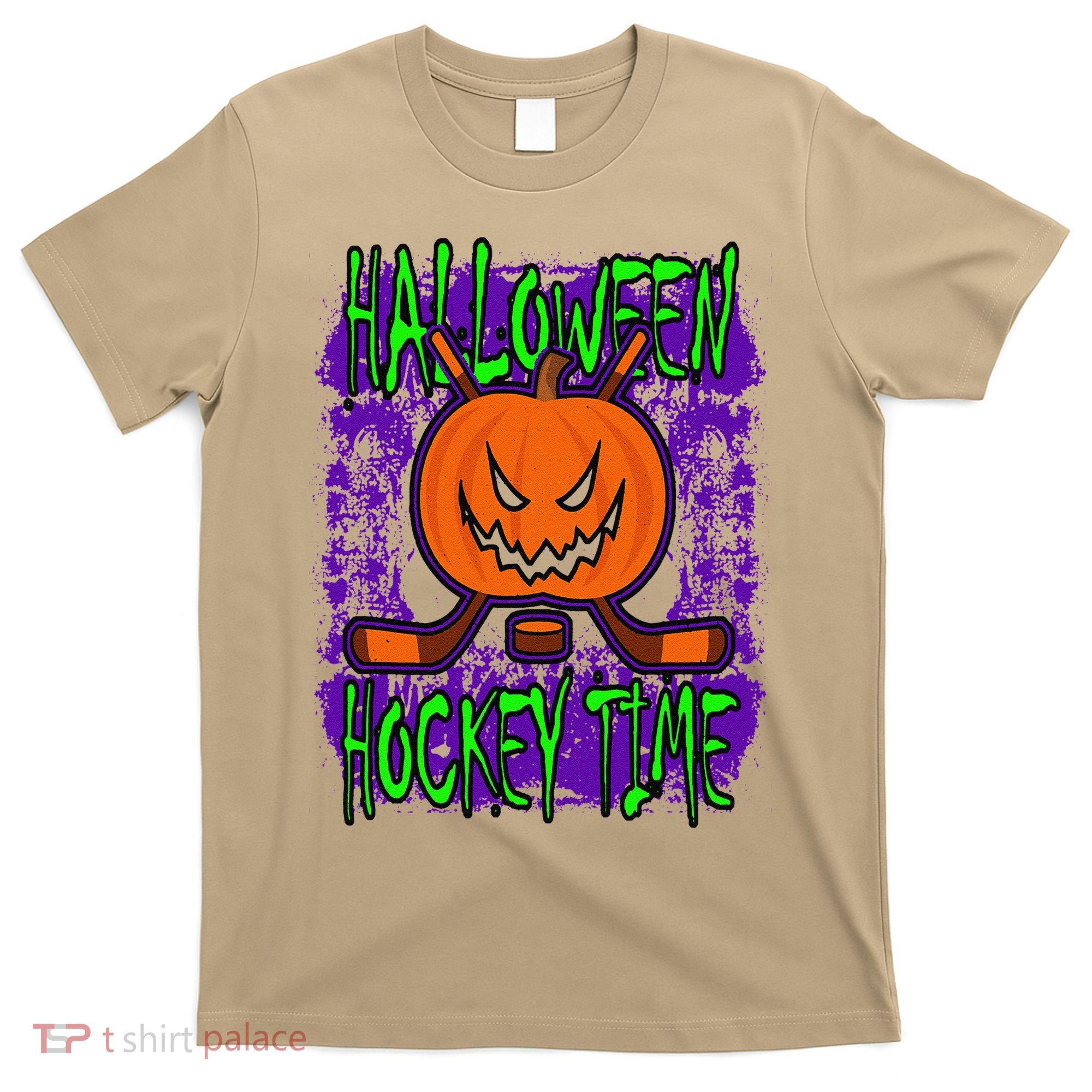 Halloween Hockey Time With Spooky Pumpkin And Hockey Sticks T-Shirt