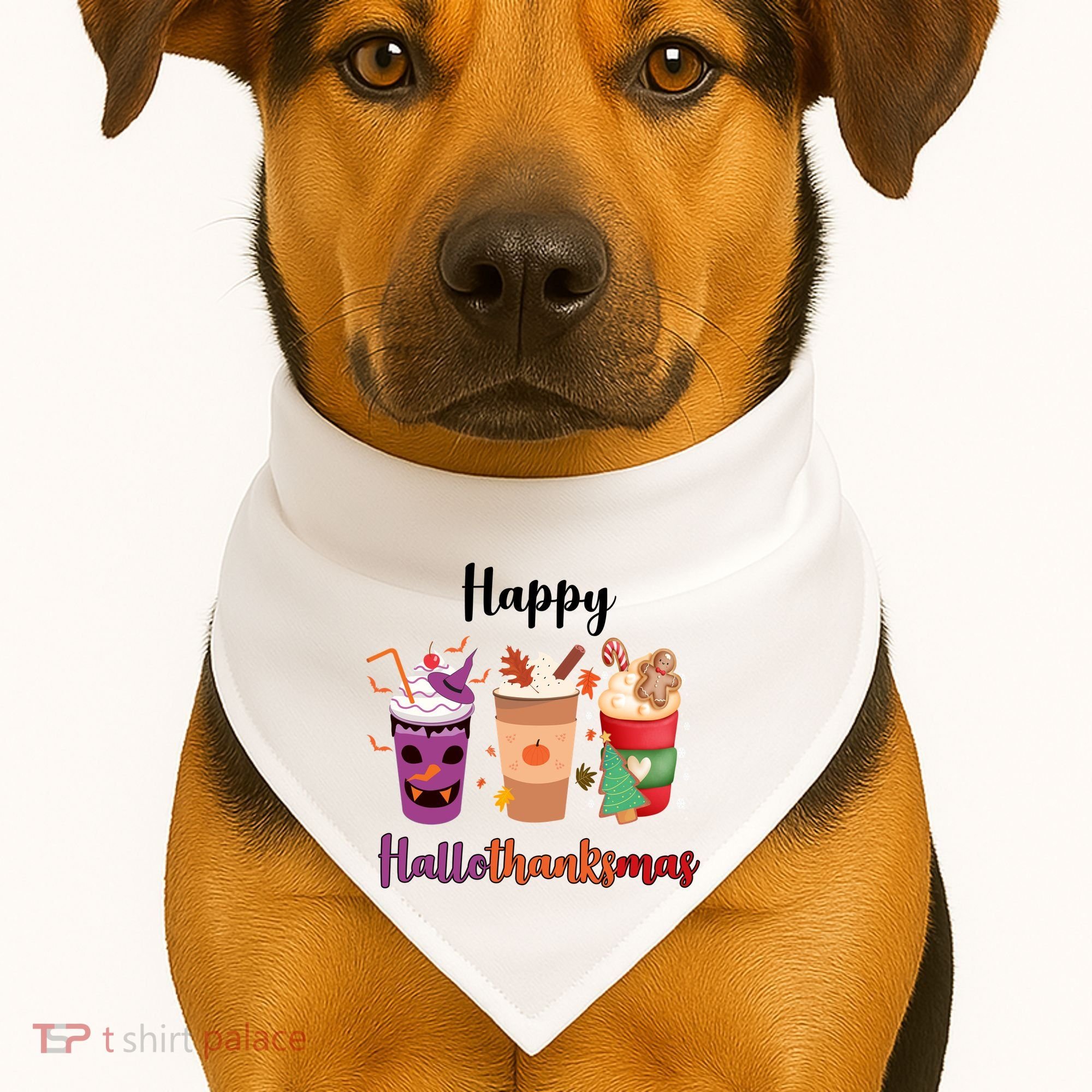 Happy Halloween Thanksgiving Christmas Coffee Lover USA-Made Doggie Bandana