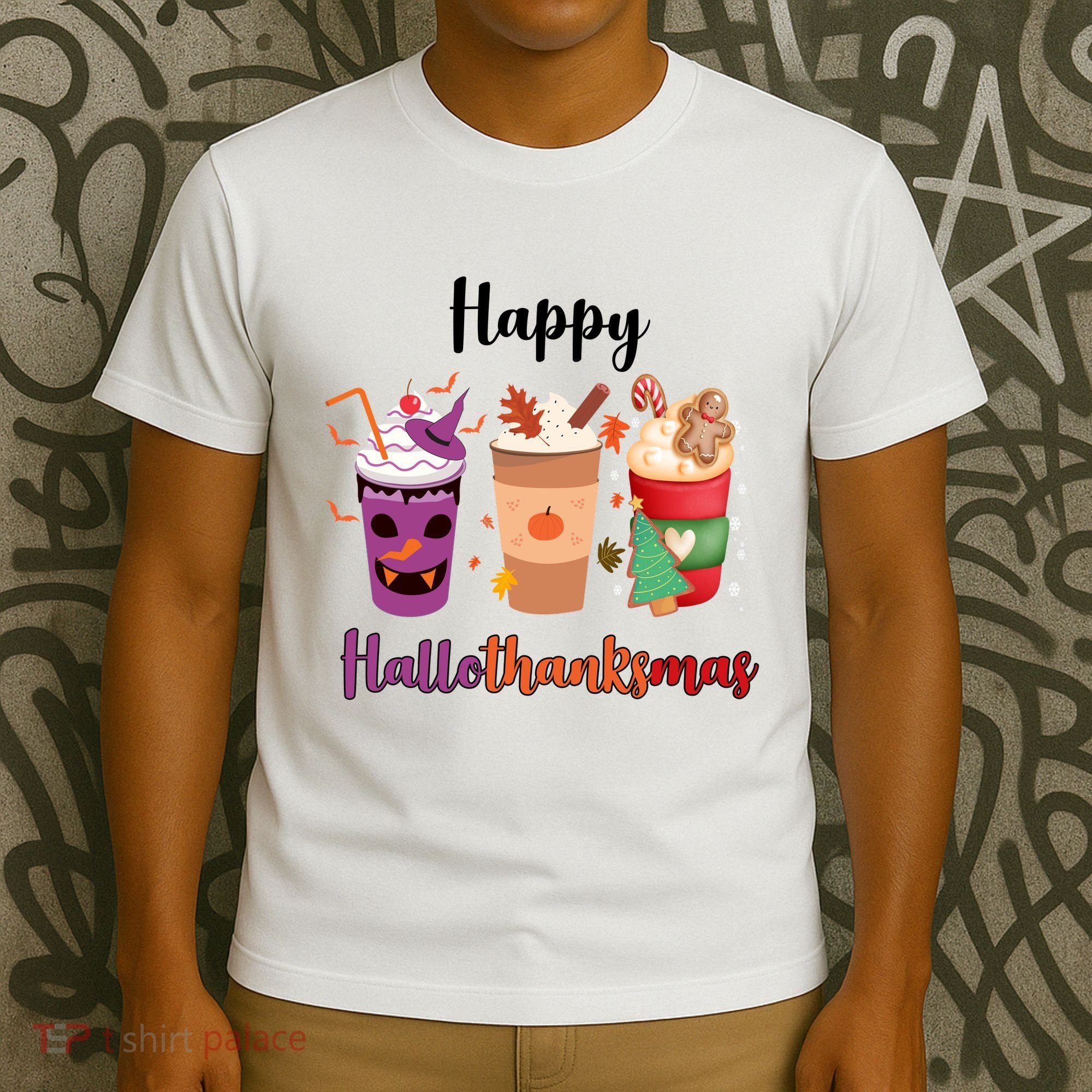 Happy Halloween Thanksgiving Christmas Coffee Lover T-Shirt