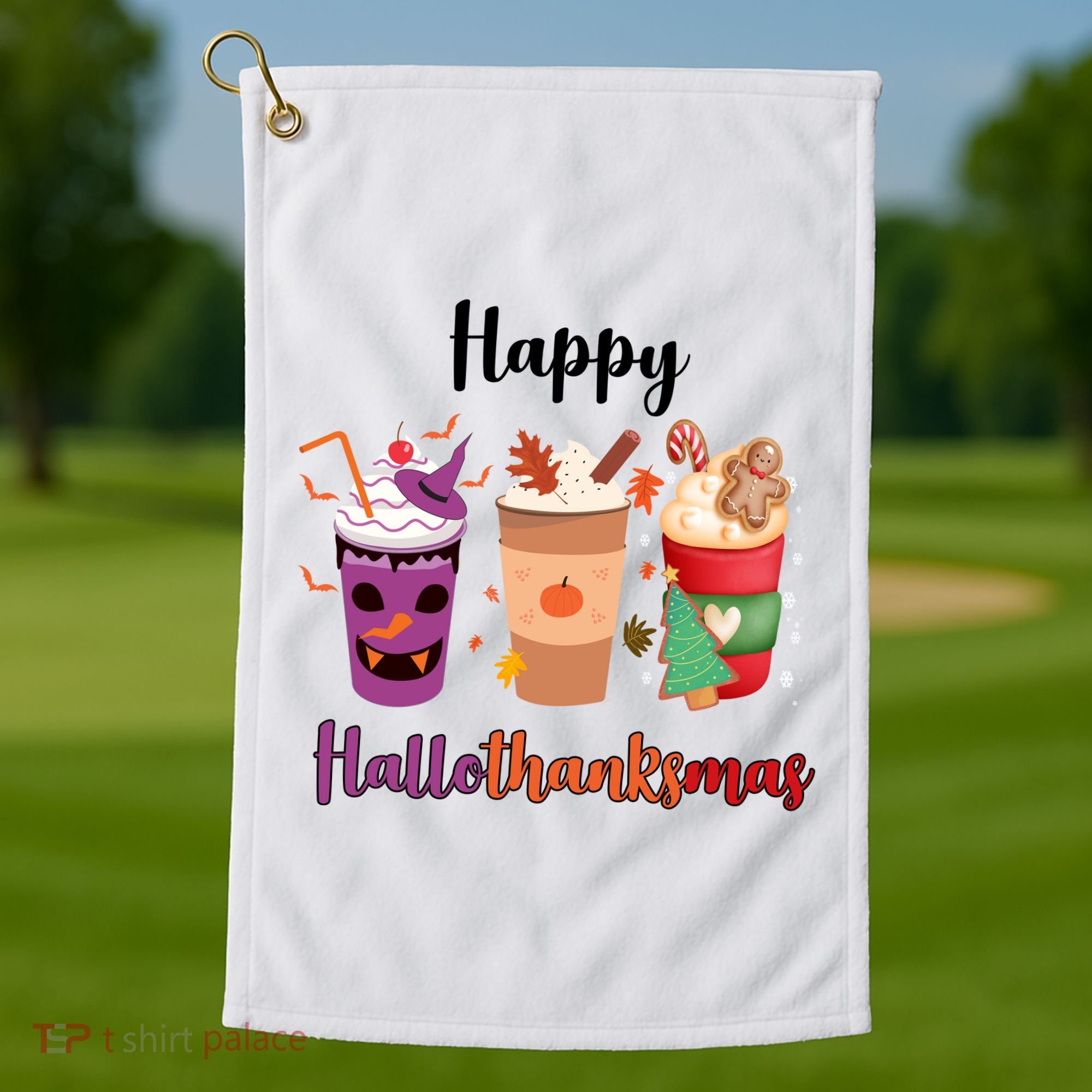 Happy Halloween Thanksgiving Christmas Coffee Lover Golf Towel