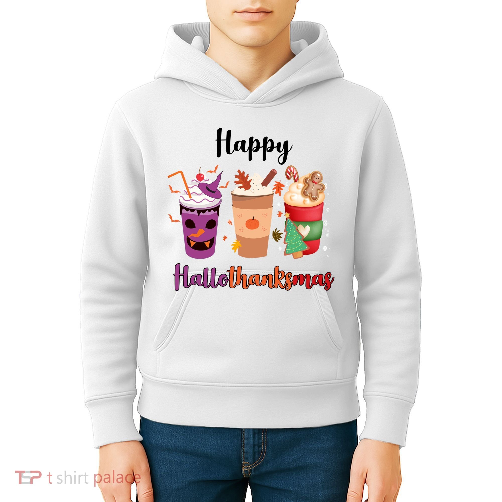 Happy Halloween Thanksgiving Christmas Coffee Lover Kids Hoodie