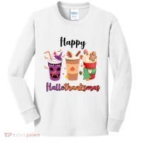 Happy Halloween Thanksgiving Christmas Coffee Lover Kids Long Sleeve Shirt thumb 0