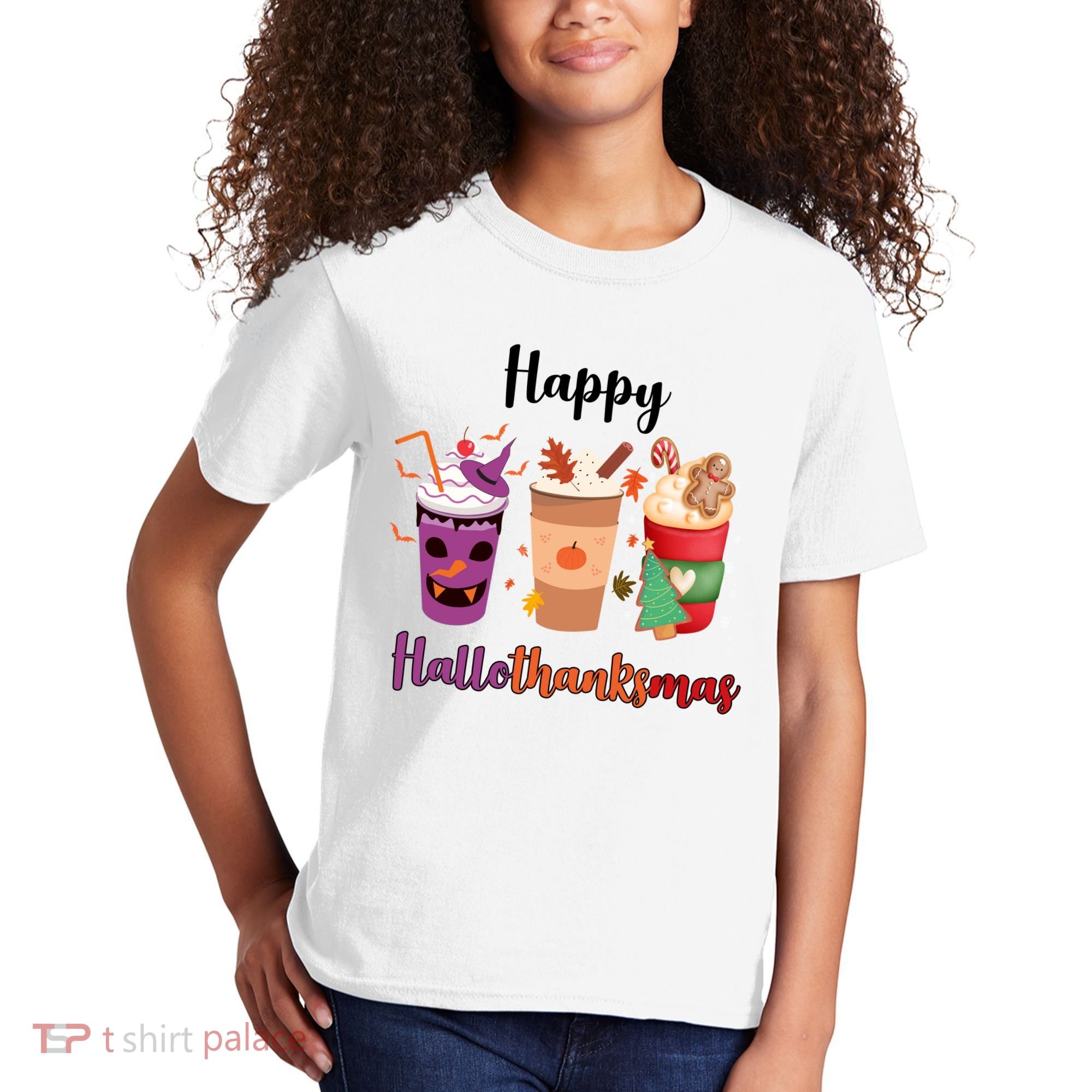 Happy Halloween Thanksgiving Christmas Coffee Lover Kids T-Shirt