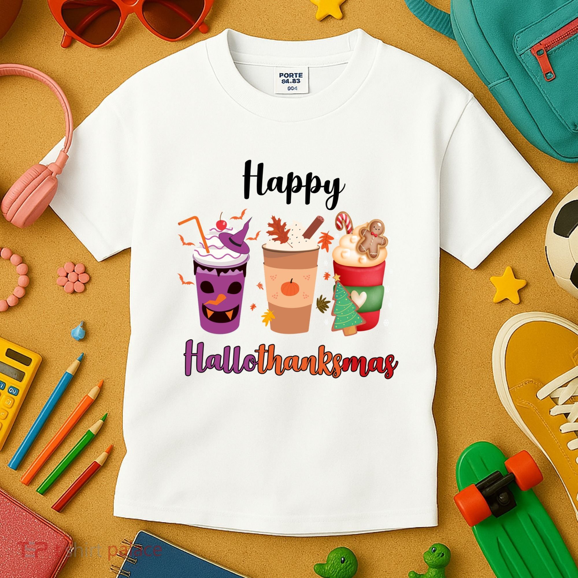 Happy Halloween Thanksgiving Christmas Coffee Lover Kids T-Shirt