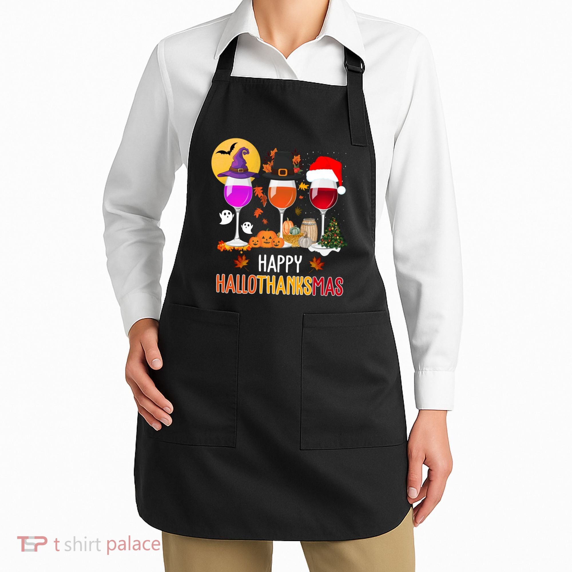 Happy Halloween Thanksgiving Christmas Wine Lover Gift Apron
