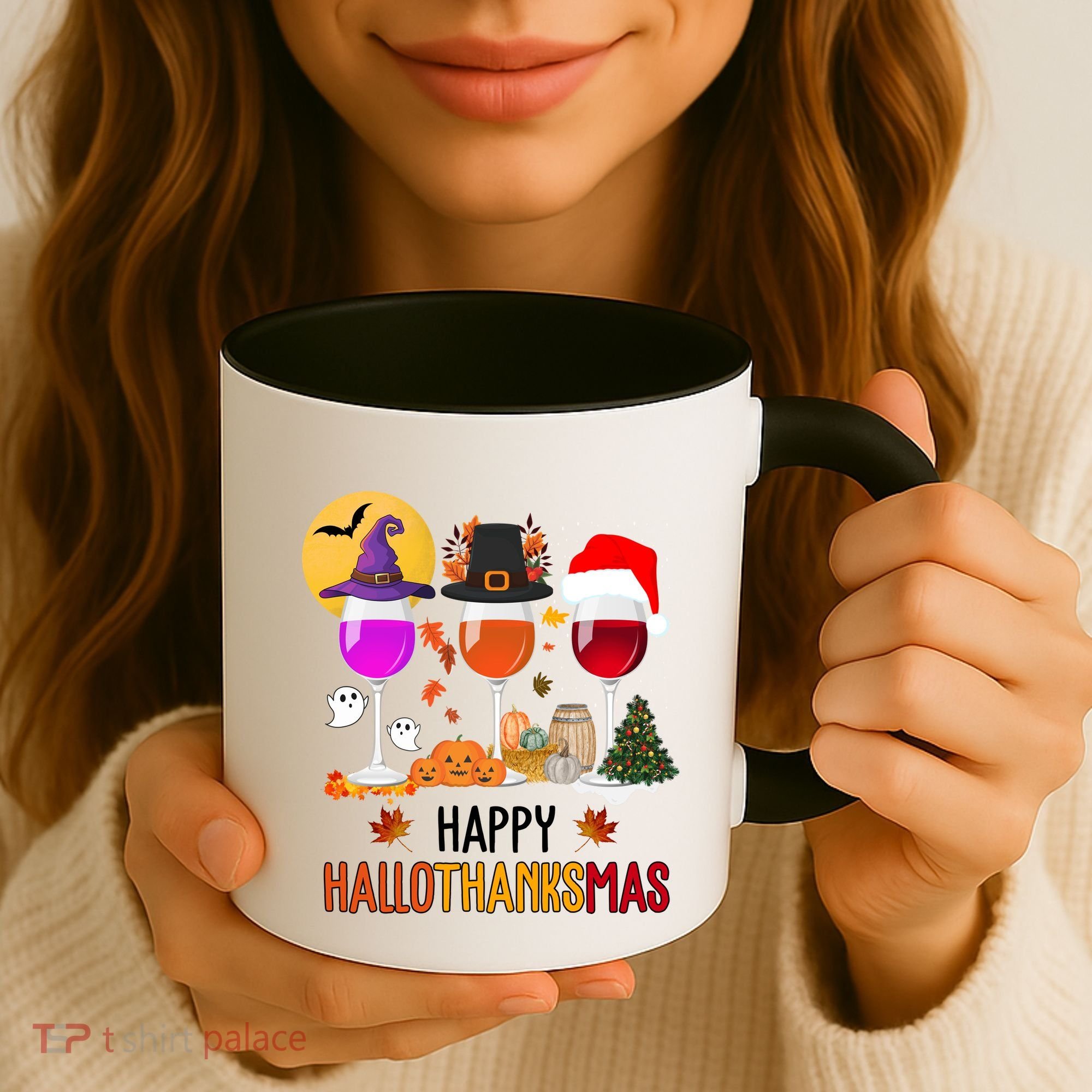 Happy Halloween Thanksgiving Christmas Wine Lover Gift Coffee Mug