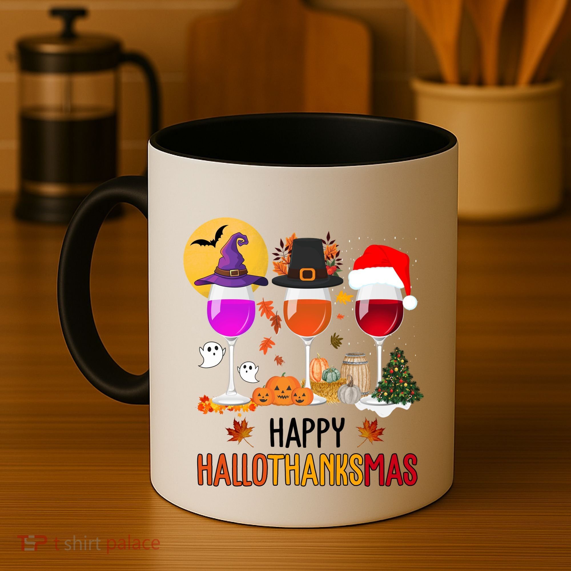 Happy Halloween Thanksgiving Christmas Wine Lover Gift Coffee Mug