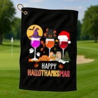 Happy Halloween Thanksgiving Christmas Wine Lover Gift Golf Towel thumb 1