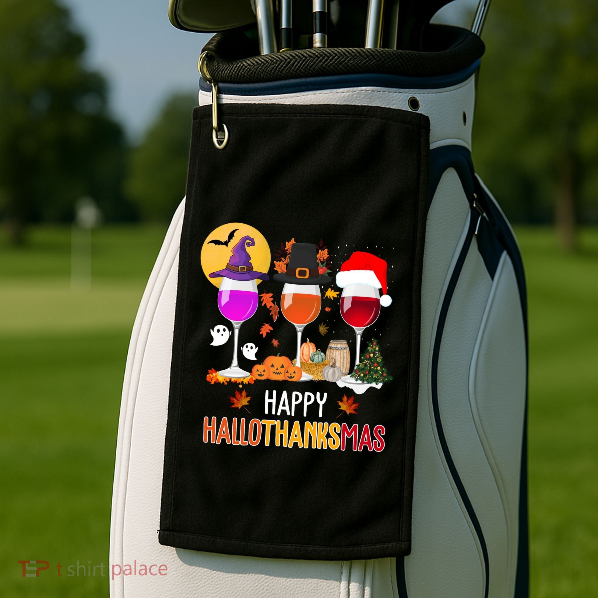 Happy Halloween Thanksgiving Christmas Wine Lover Gift Golf Towel