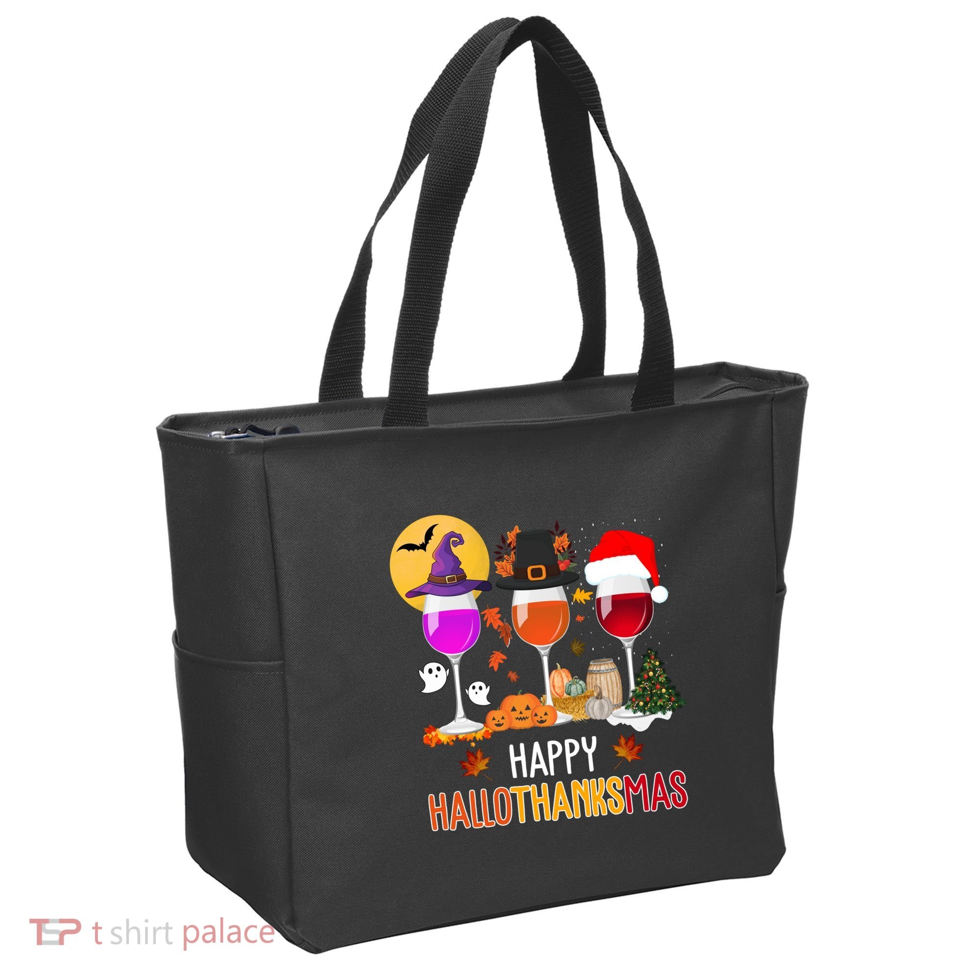 Happy Halloween Thanksgiving Christmas Wine Lover Gift Tote Bag