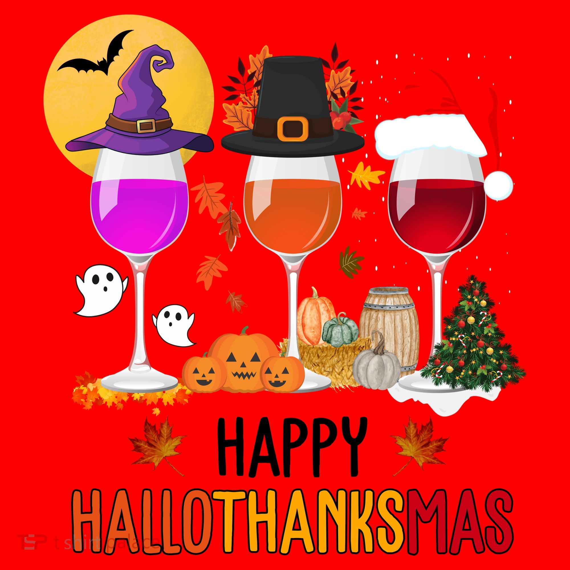 Happy Halloween Thanksgiving Christmas Wine Lover Gift Santa Hat