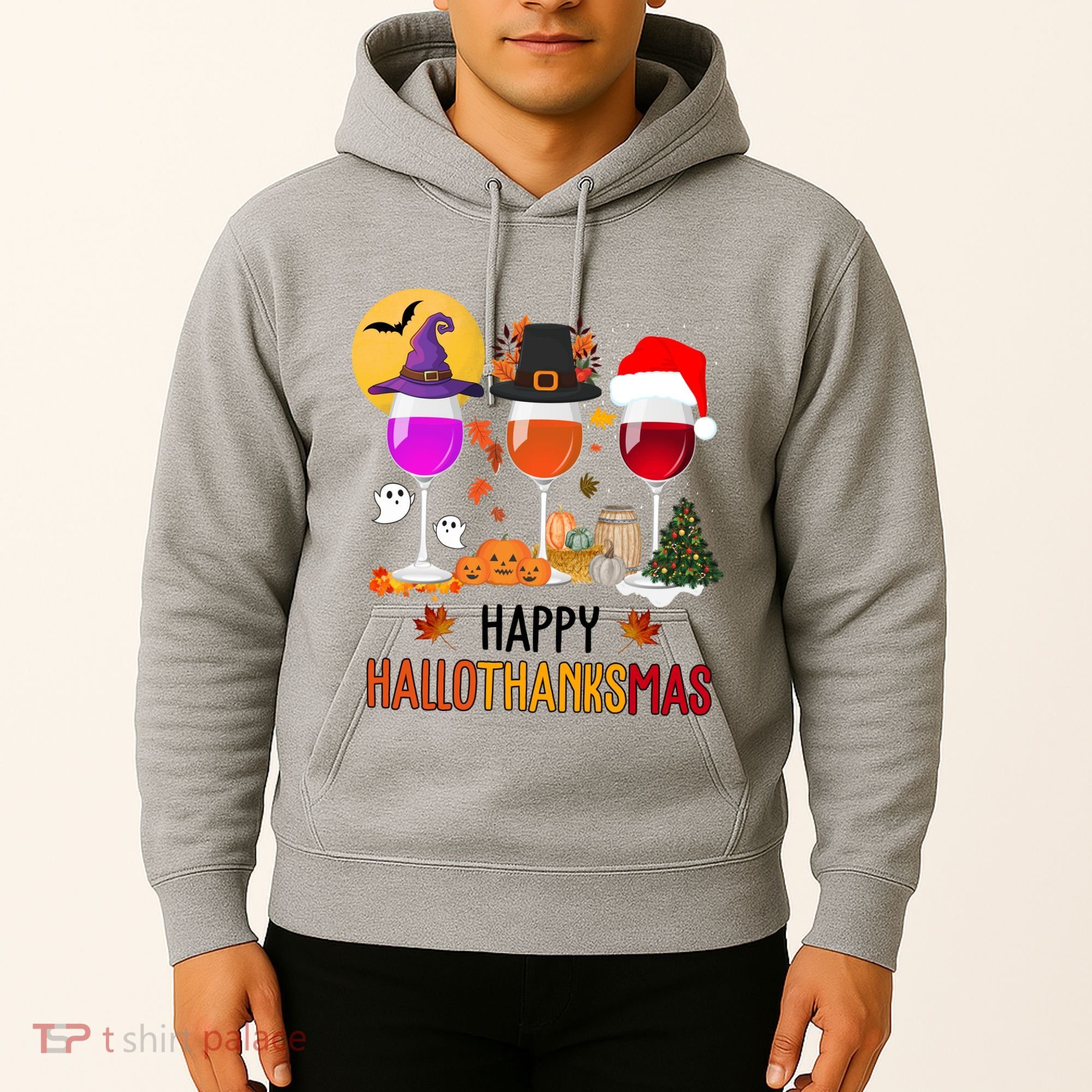 Happy Halloween Thanksgiving Christmas Wine Lover Gift Hoodie
