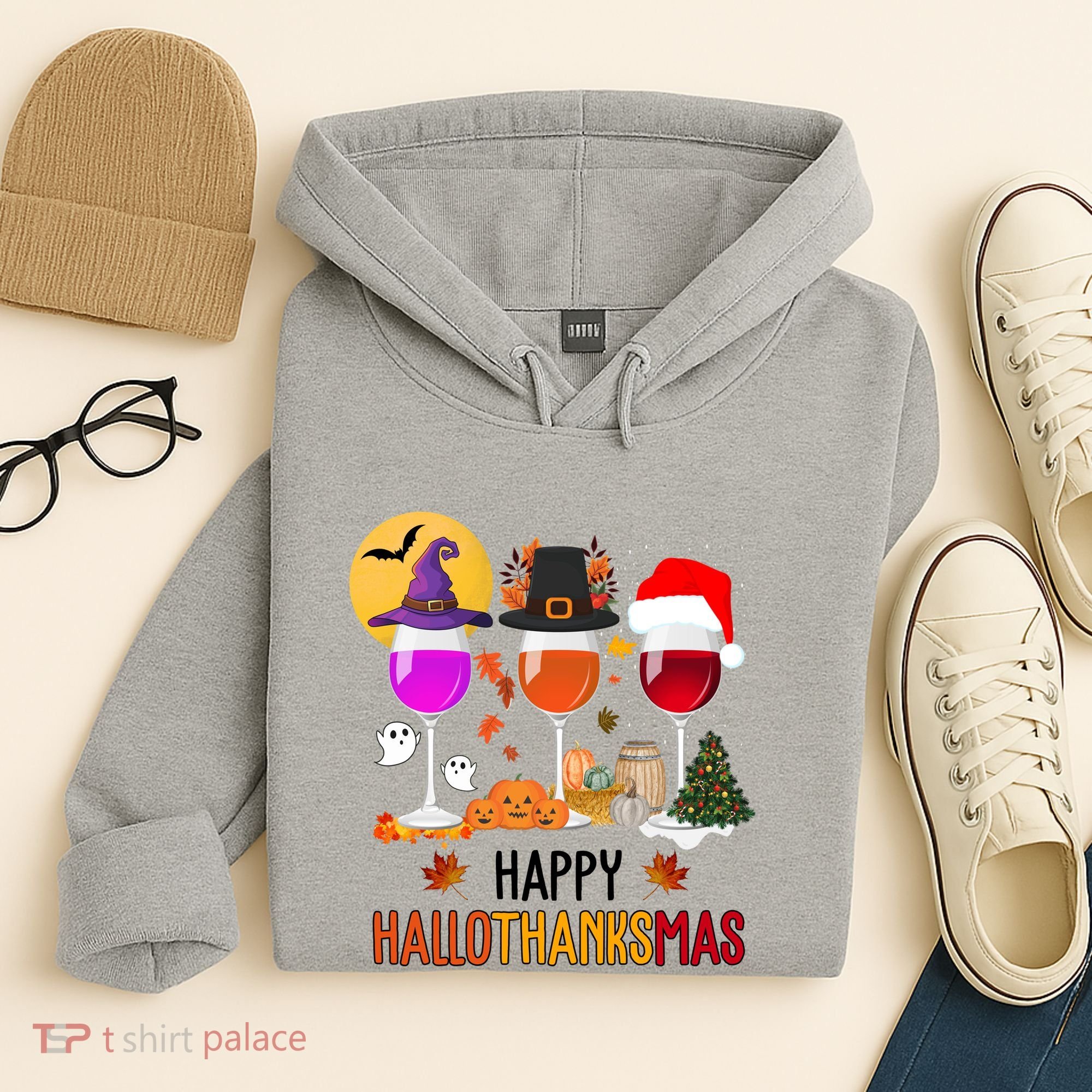 Happy Halloween Thanksgiving Christmas Wine Lover Gift Hoodie