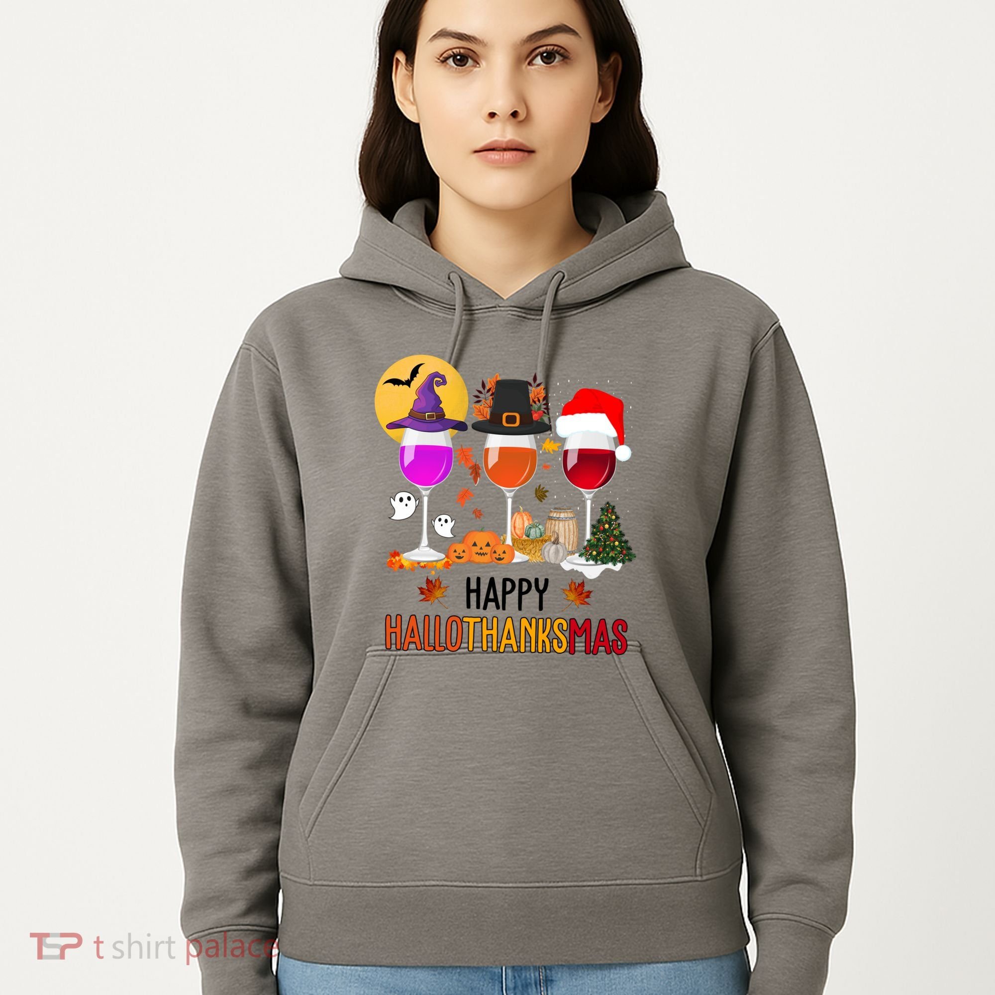 Happy Halloween Thanksgiving Christmas Wine Lover Gift Hoodie