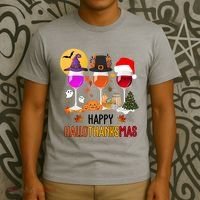 Happy Halloween Thanksgiving Christmas Wine Lover Gift T-Shirt thumb 3