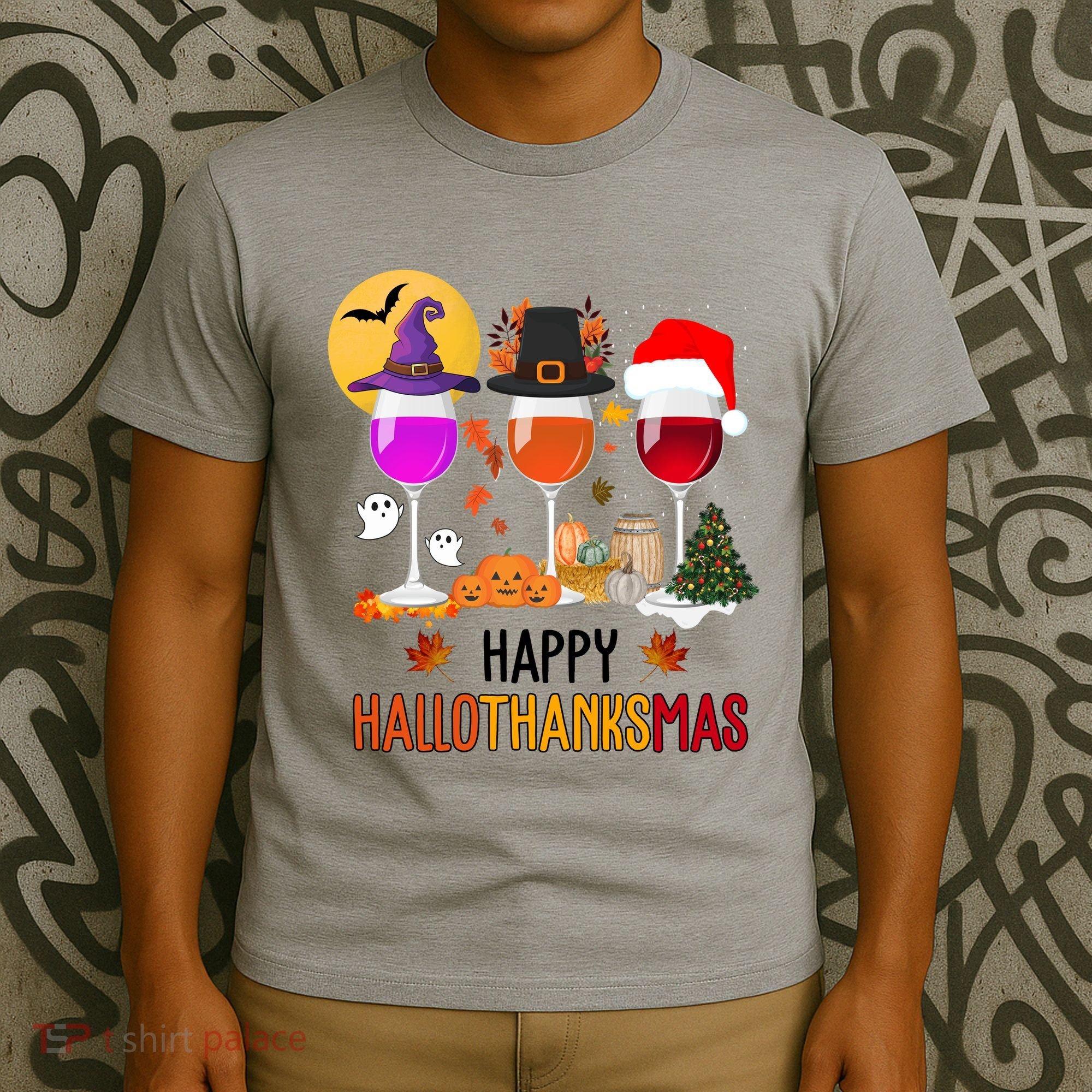 Happy Halloween Thanksgiving Christmas Wine Lover Gift T-Shirt
