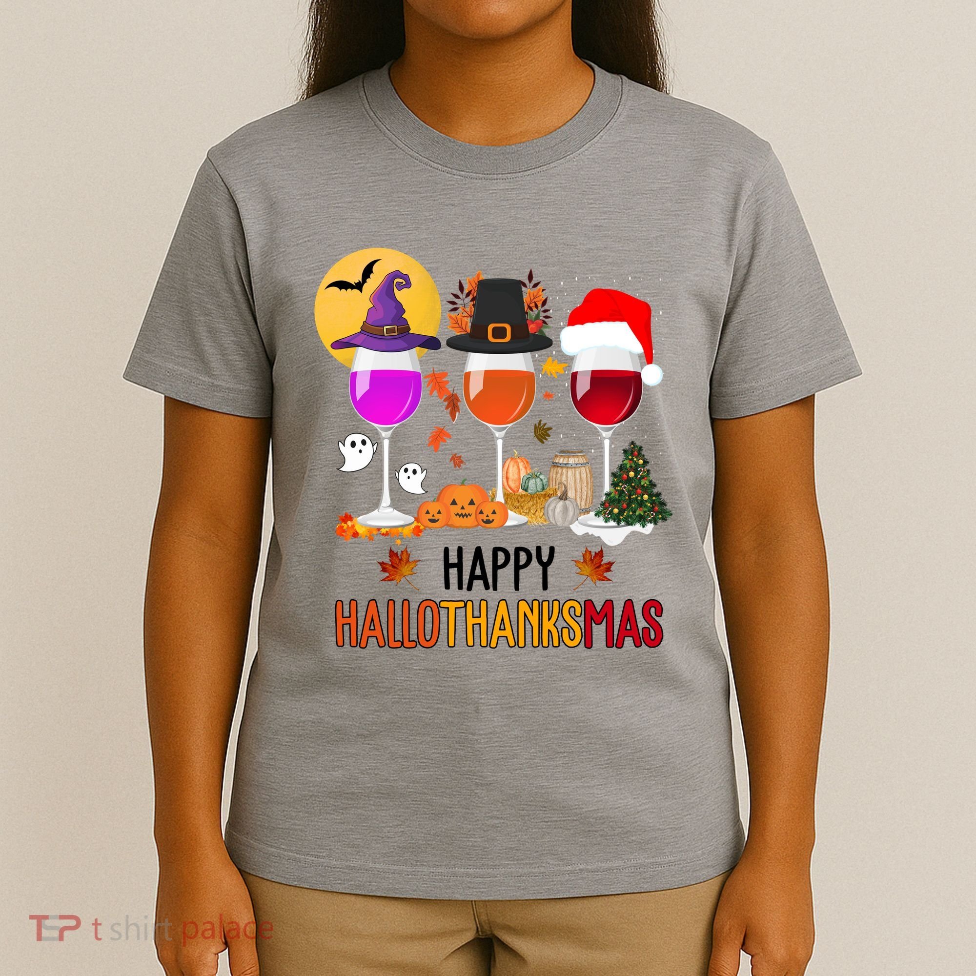 Happy Halloween Thanksgiving Christmas Wine Lover Gift T-Shirt