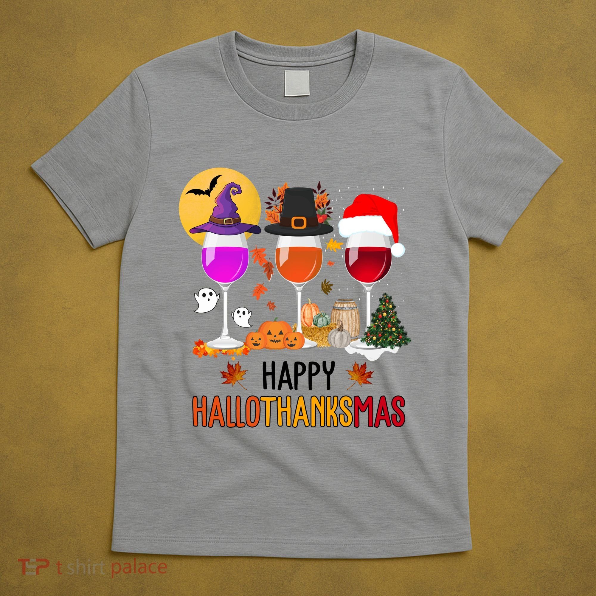 Happy Halloween Thanksgiving Christmas Wine Lover Gift T-Shirt