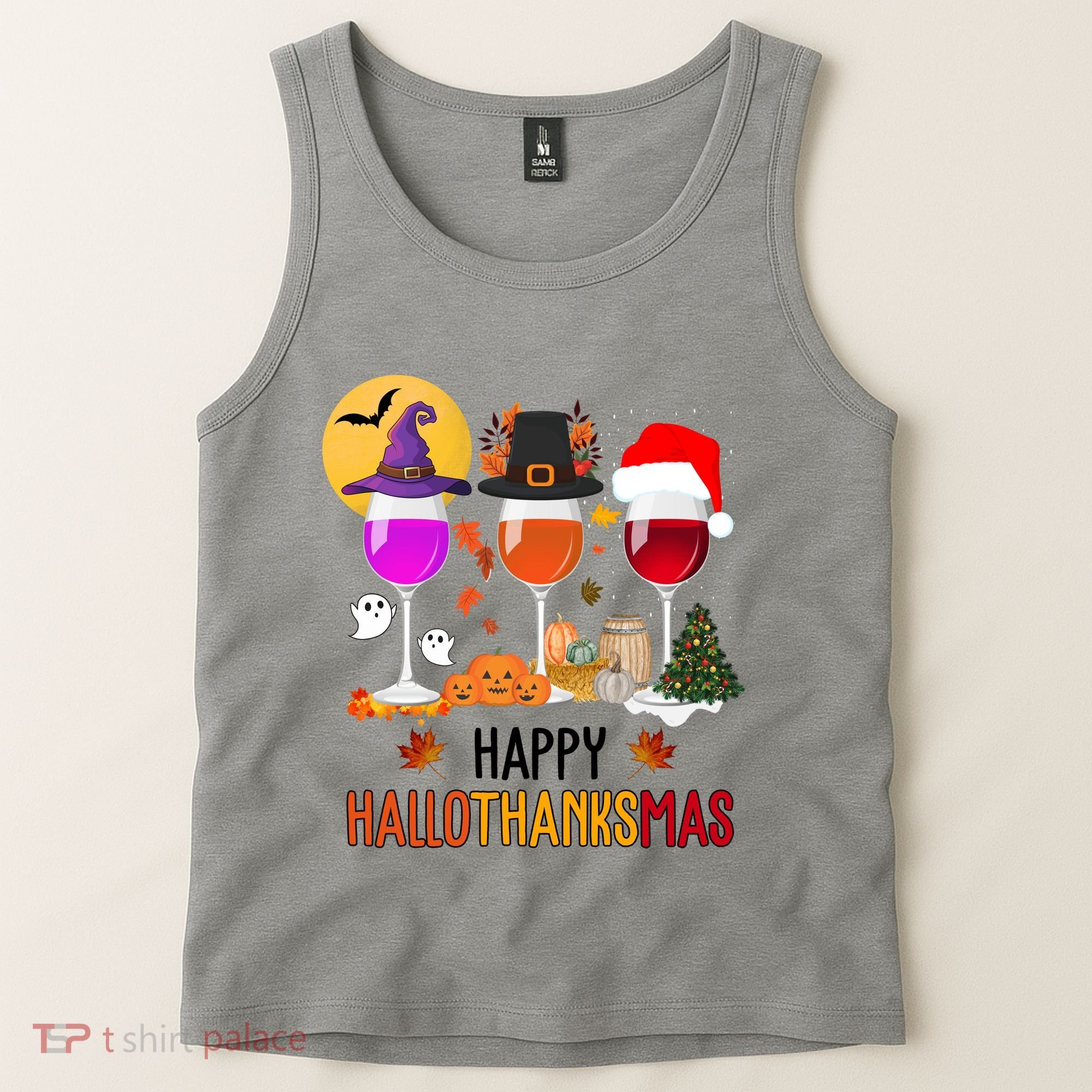 Happy Halloween Thanksgiving Christmas Wine Lover Gift Tank Top