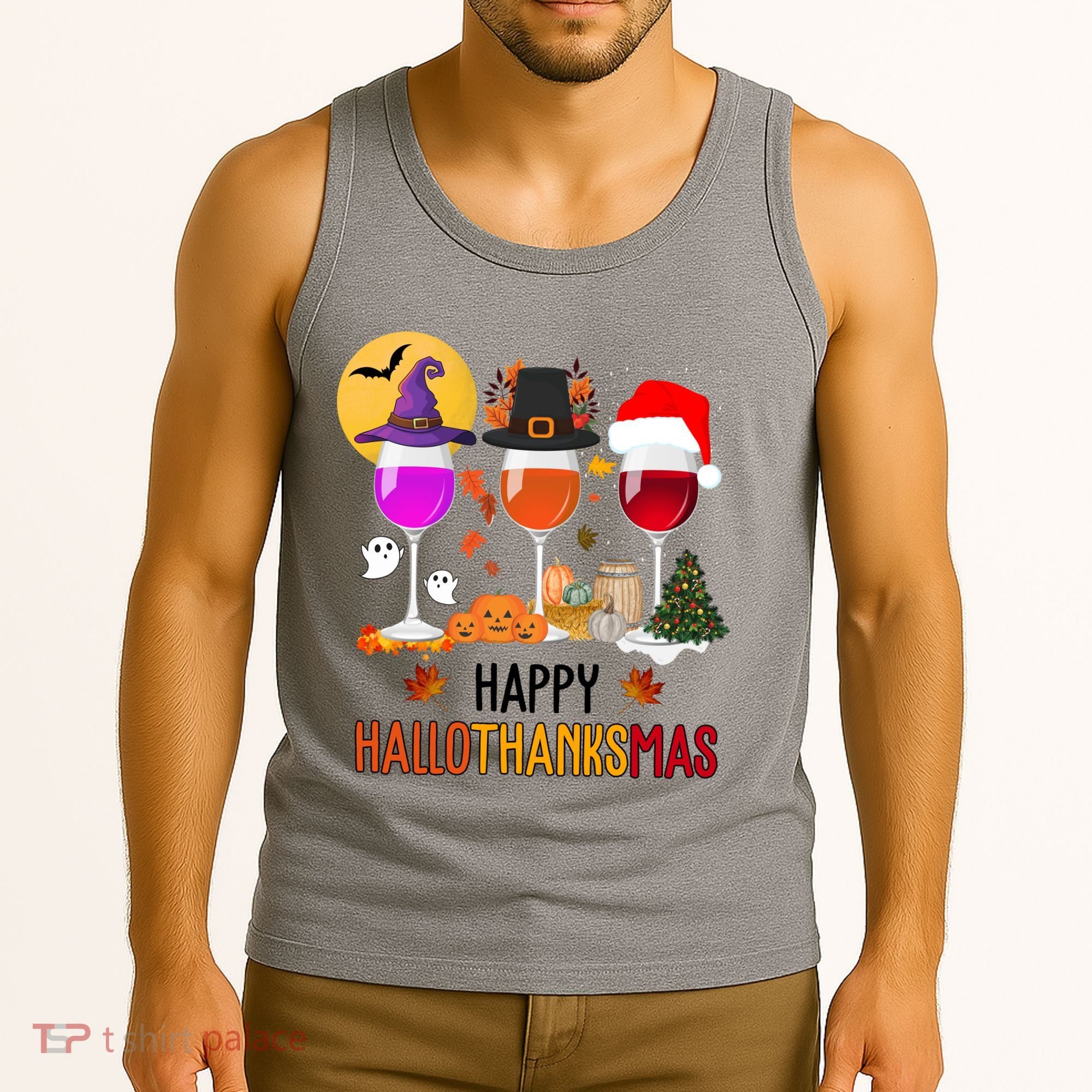Happy Halloween Thanksgiving Christmas Wine Lover Gift Tank Top