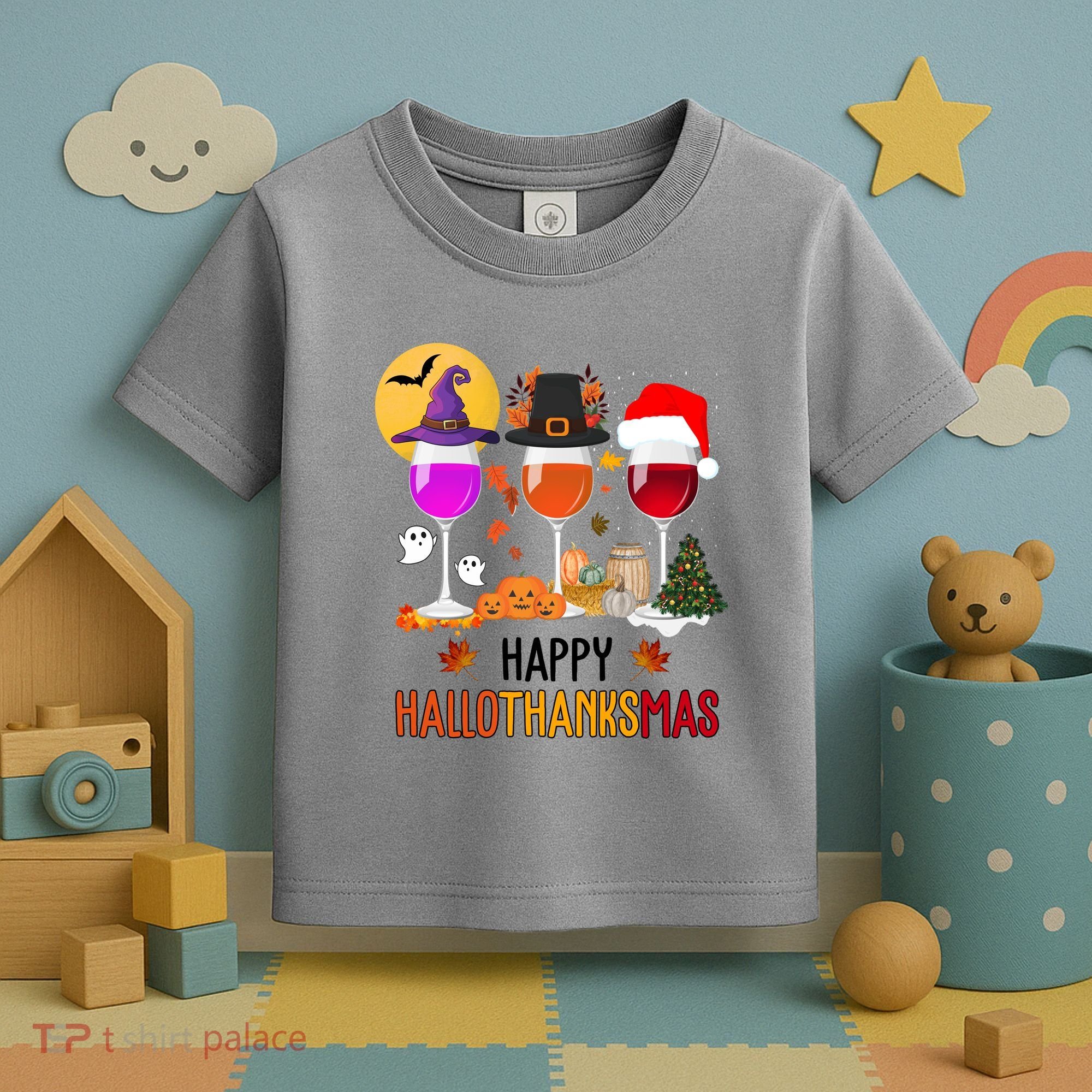 Happy Halloween Thanksgiving Christmas Wine Lover Gift Toddler T-Shirt