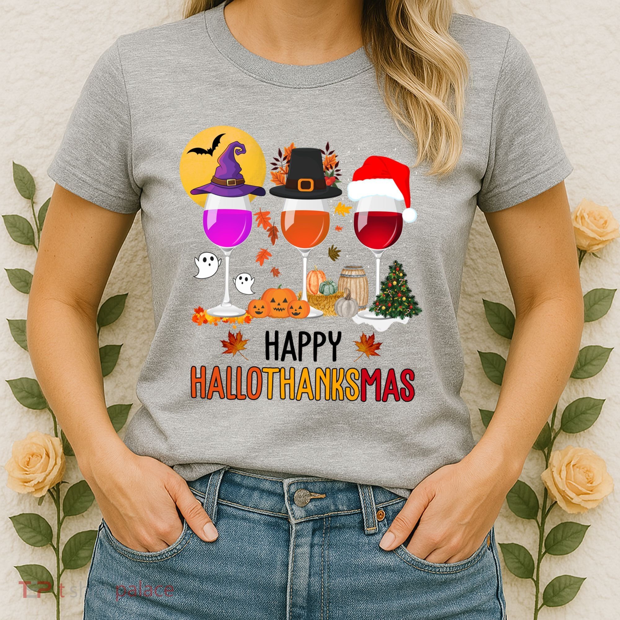 Happy Halloween Thanksgiving Christmas Wine Lover Gift Women's T-Shirt