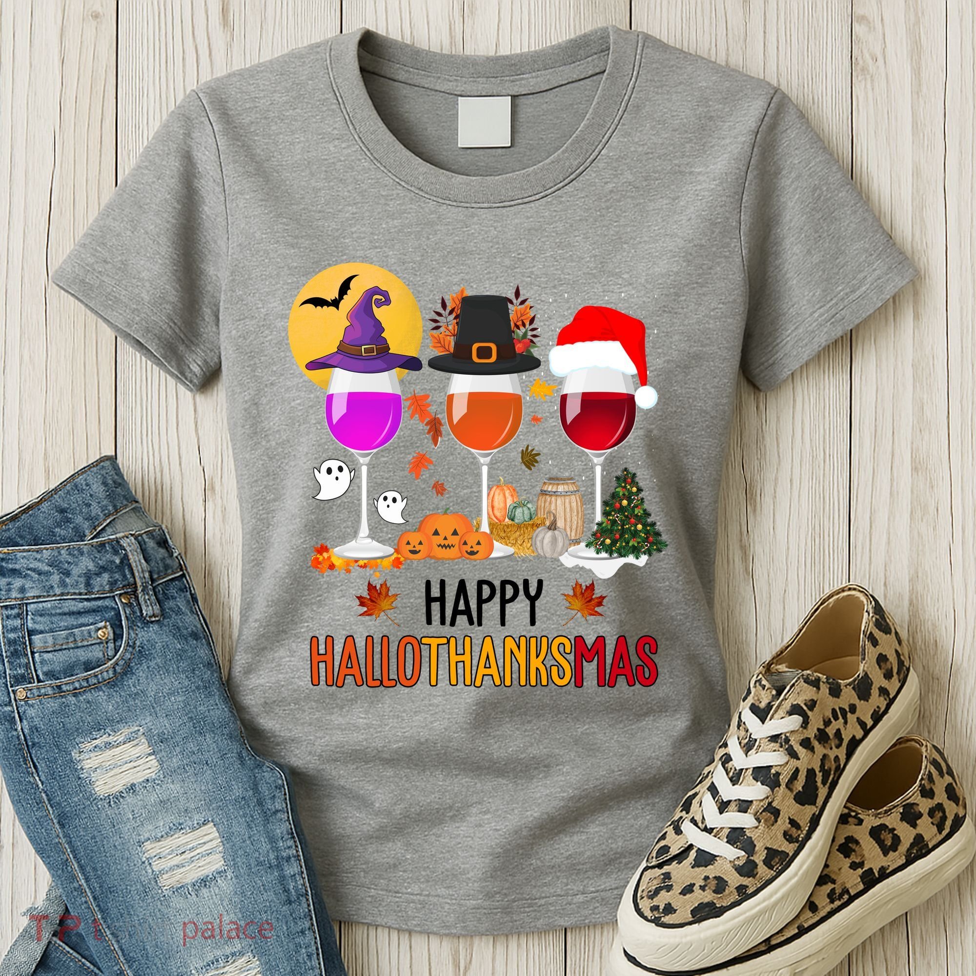 Happy Halloween Thanksgiving Christmas Wine Lover Gift Women's T-Shirt