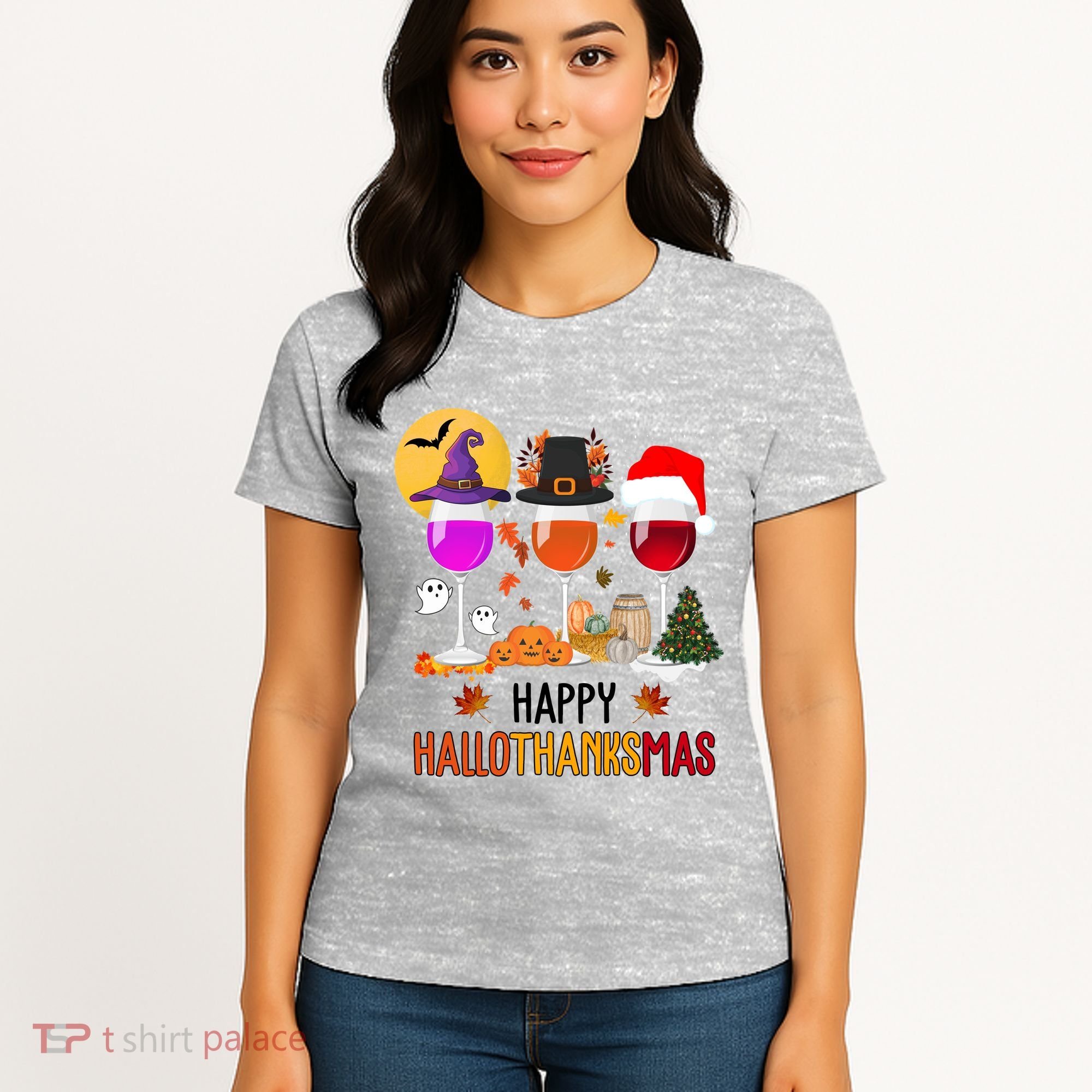 Happy Halloween Thanksgiving Christmas Wine Lover Gift Women's T-Shirt