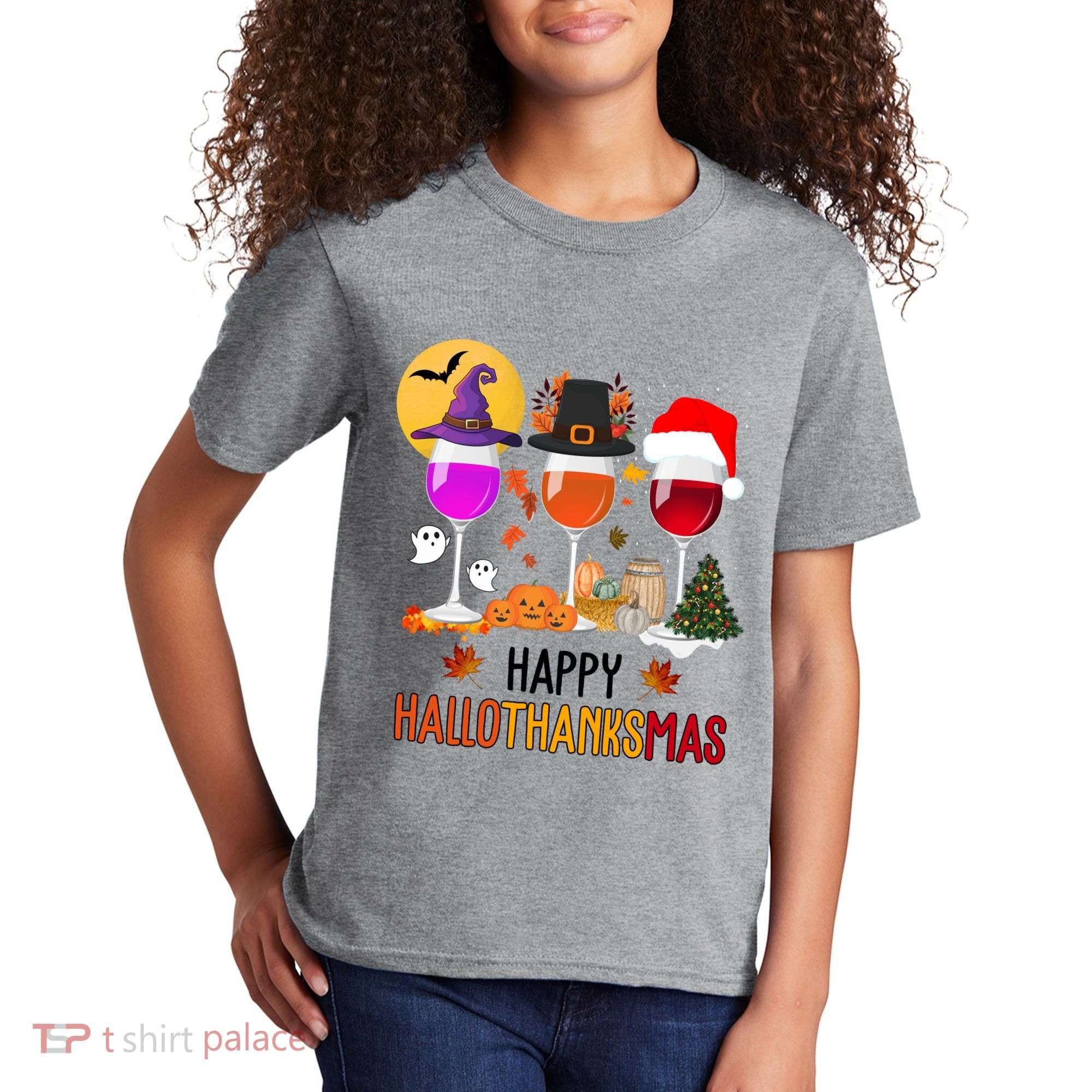 Happy Halloween Thanksgiving Christmas Wine Lover Gift Kids T-Shirt