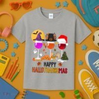 Happy Halloween Thanksgiving Christmas Wine Lover Gift Kids T-Shirt thumb 3