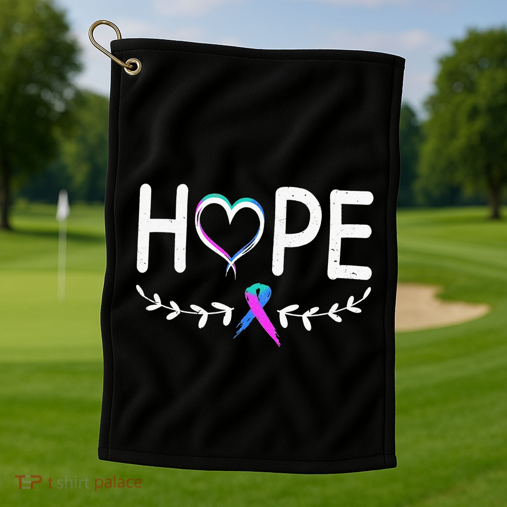 Hope Heart Teal Pink Purple Ribbon Thyroid Cancer Golf Towel