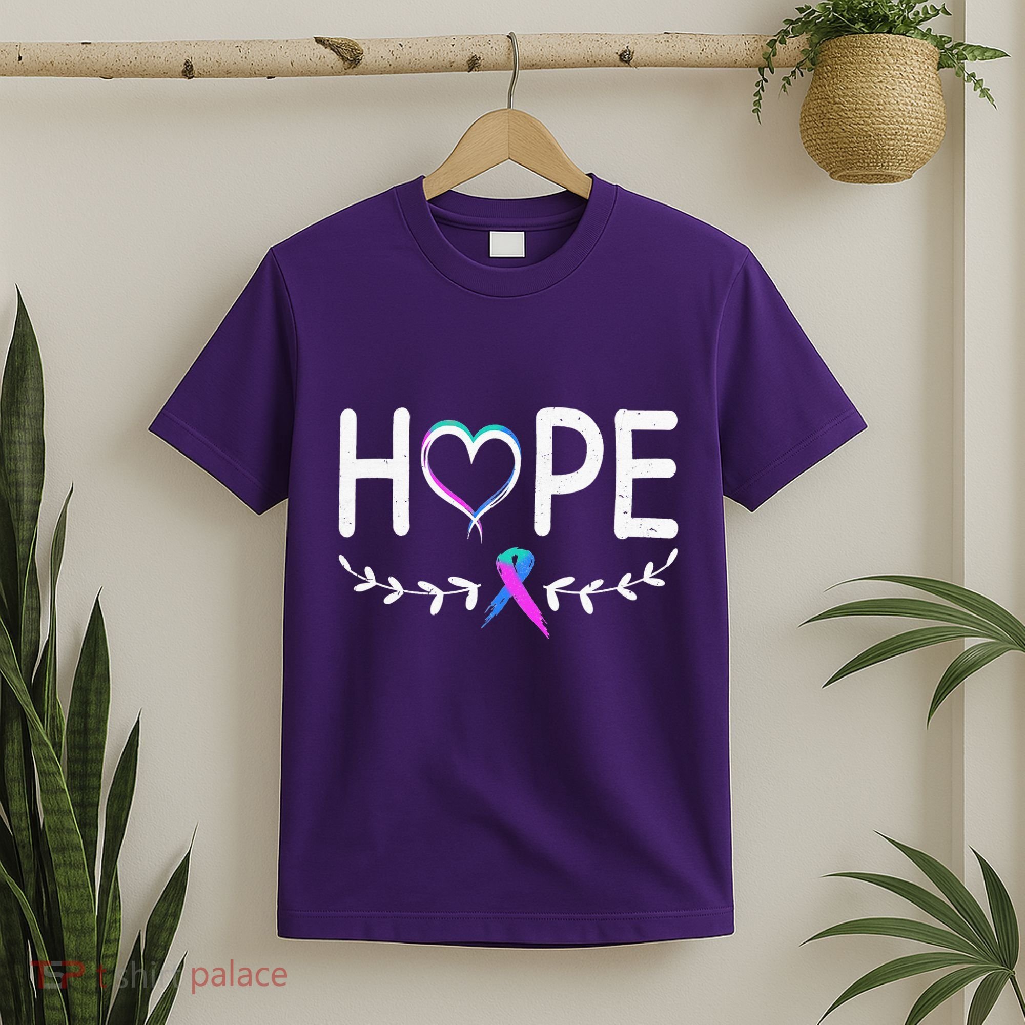 Hope Heart Teal Pink Purple Ribbon Thyroid Cancer T-Shirt