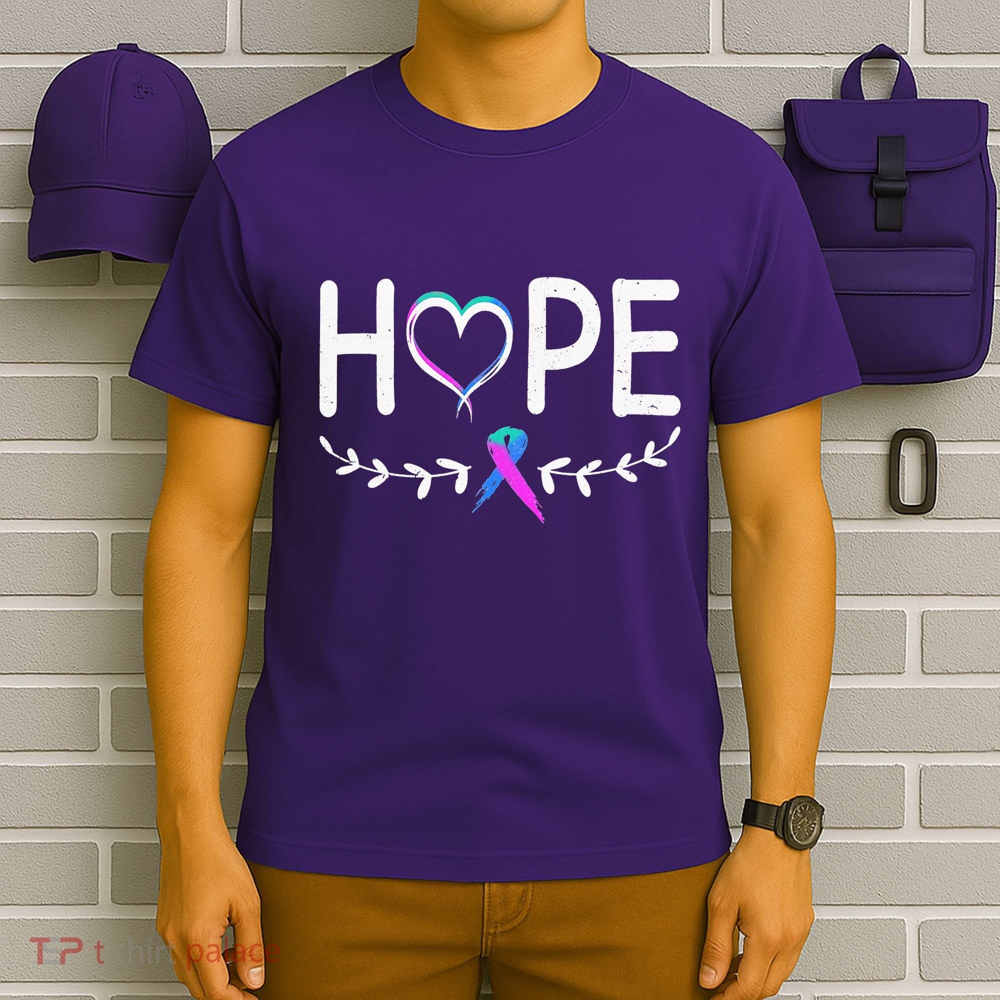 Hope Heart Teal Pink Purple Ribbon Thyroid Cancer T-Shirt