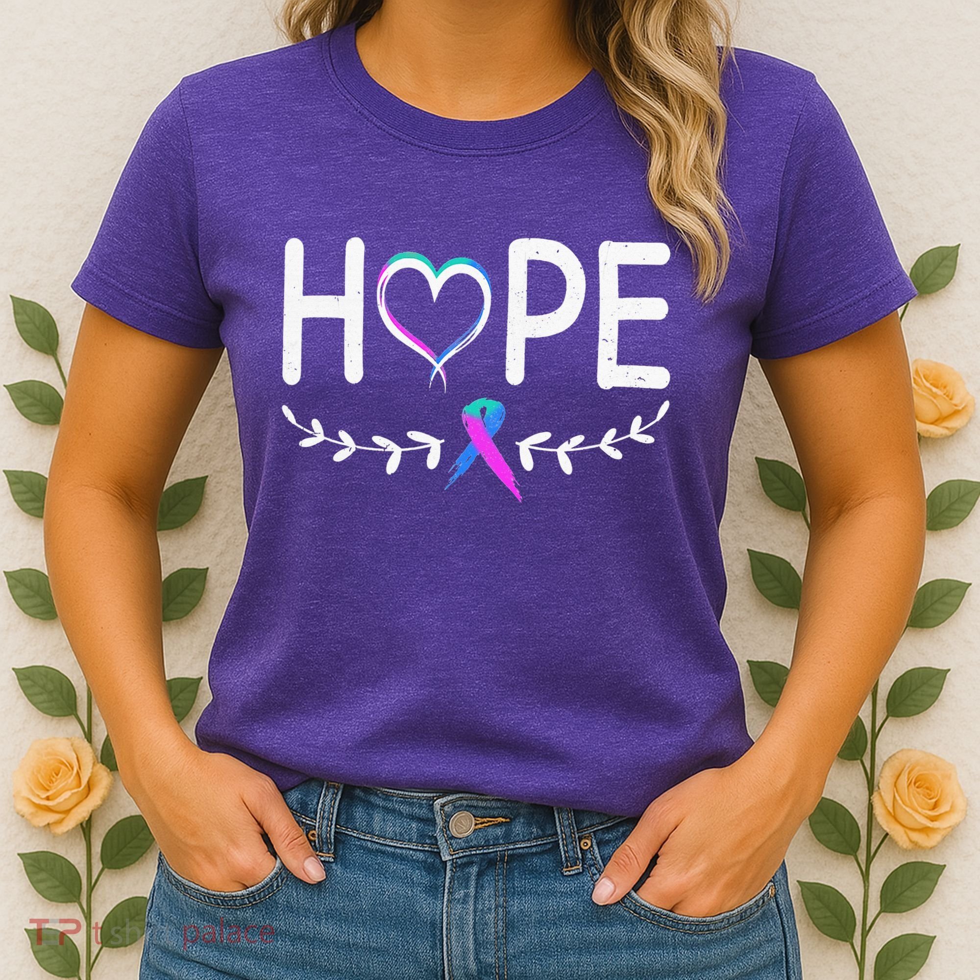 Hope Heart Teal Pink Purple Ribbon Thyroid Cancer Women's T-Shirt