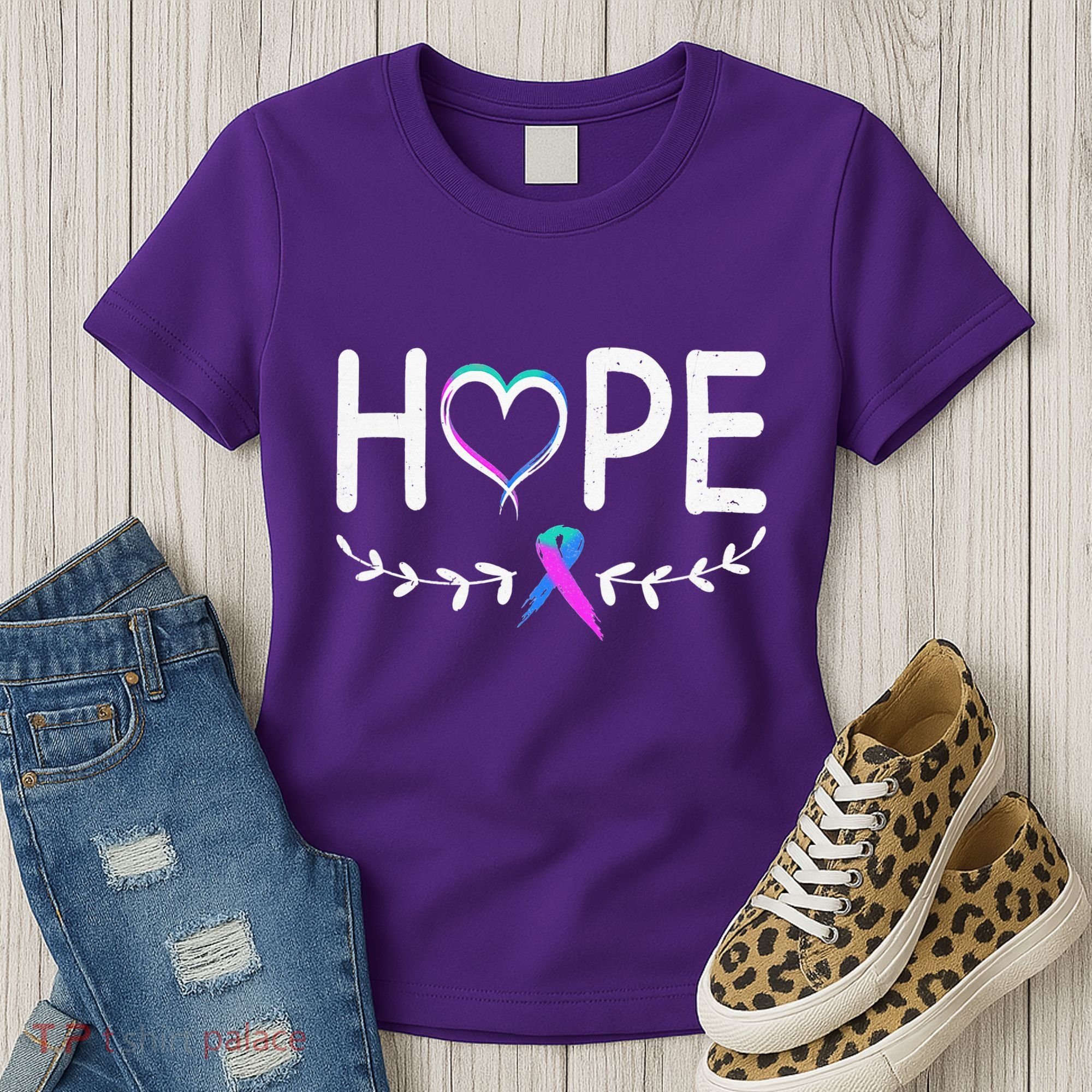 Hope Heart Teal Pink Purple Ribbon Thyroid Cancer Women's T-Shirt