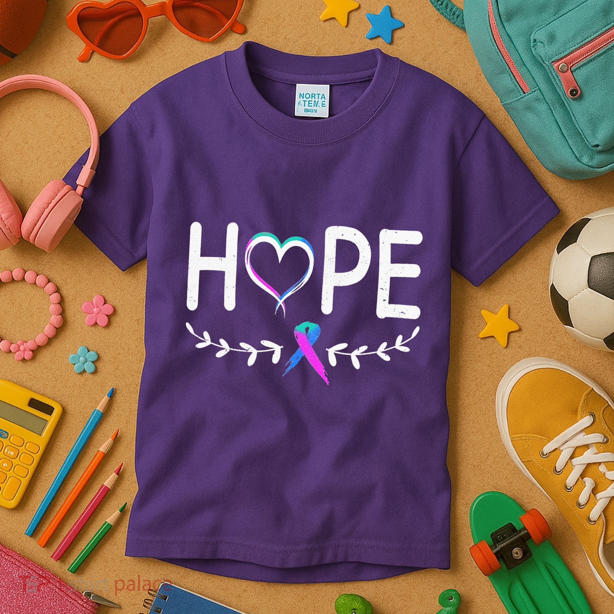 Hope Heart Teal Pink Purple Ribbon Thyroid Cancer Kids T-Shirt