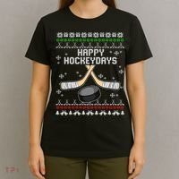 Happy Hockeydays Ugly Christmas Pajama Cool Hockey Pun X Mas T-Shirt thumb 4