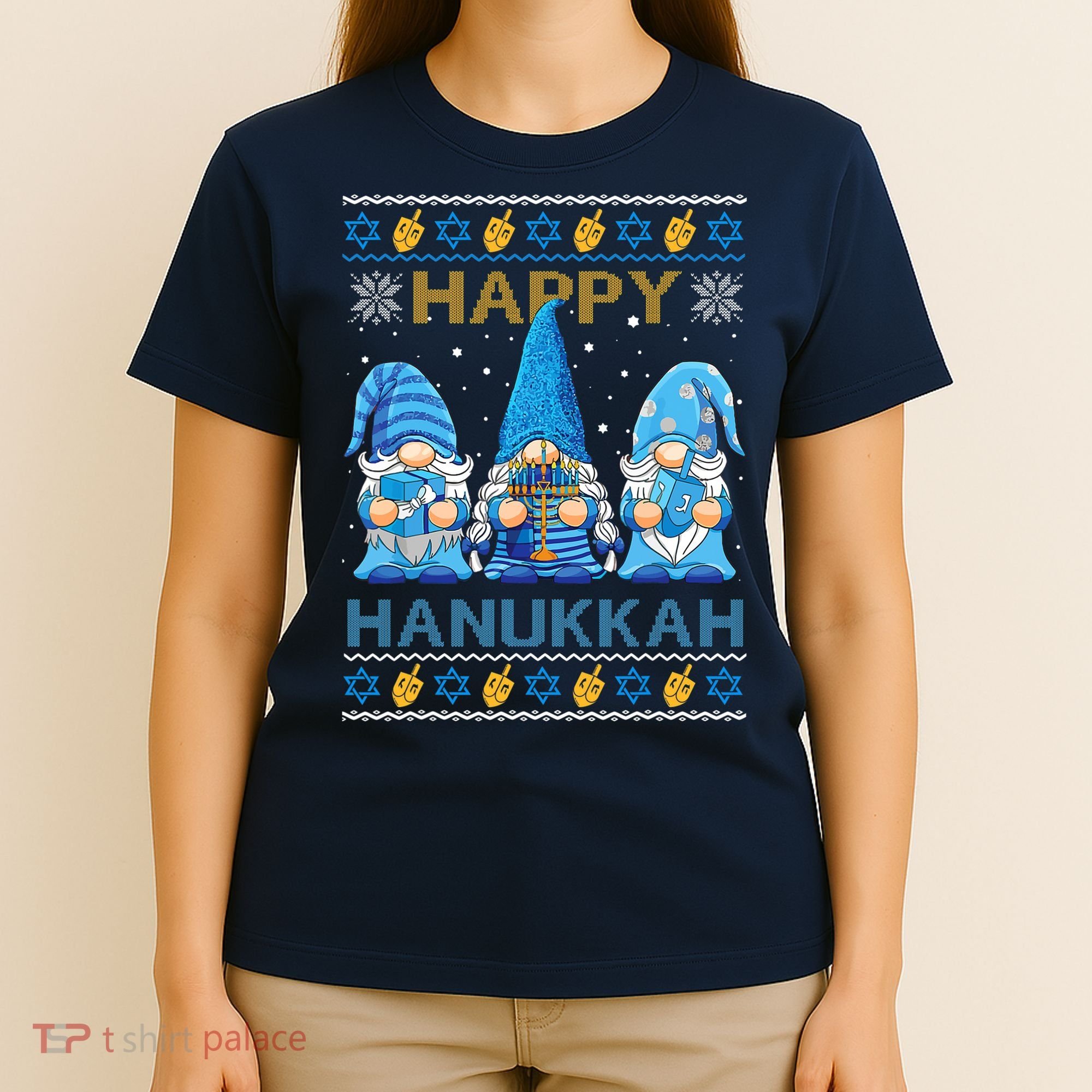 Happy Hanukkah Ugly Christmas Gnome Gnomies Menorah Dreidel T-Shirt