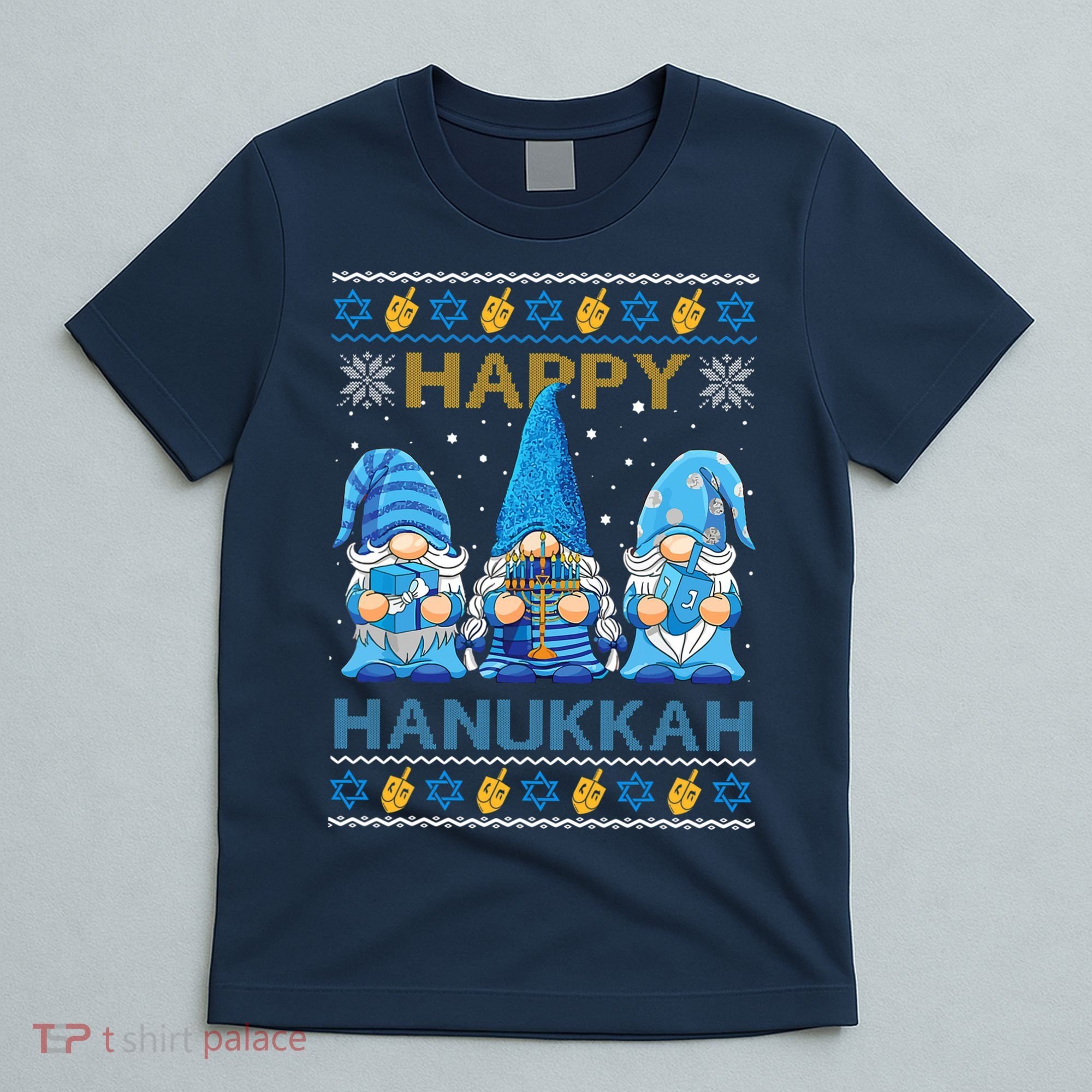 Happy Hanukkah Ugly Christmas Gnome Gnomies Menorah Dreidel T-Shirt