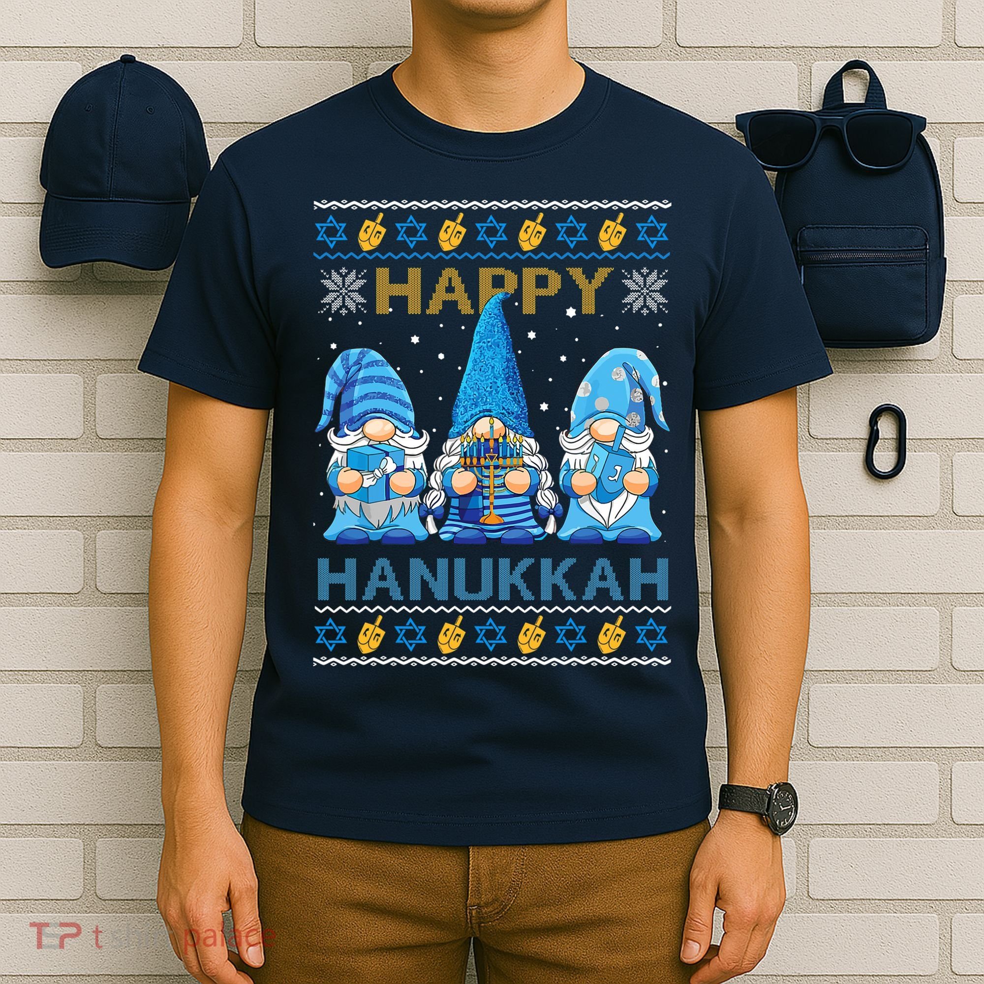 Happy Hanukkah Ugly Christmas Gnome Gnomies Menorah Dreidel T-Shirt