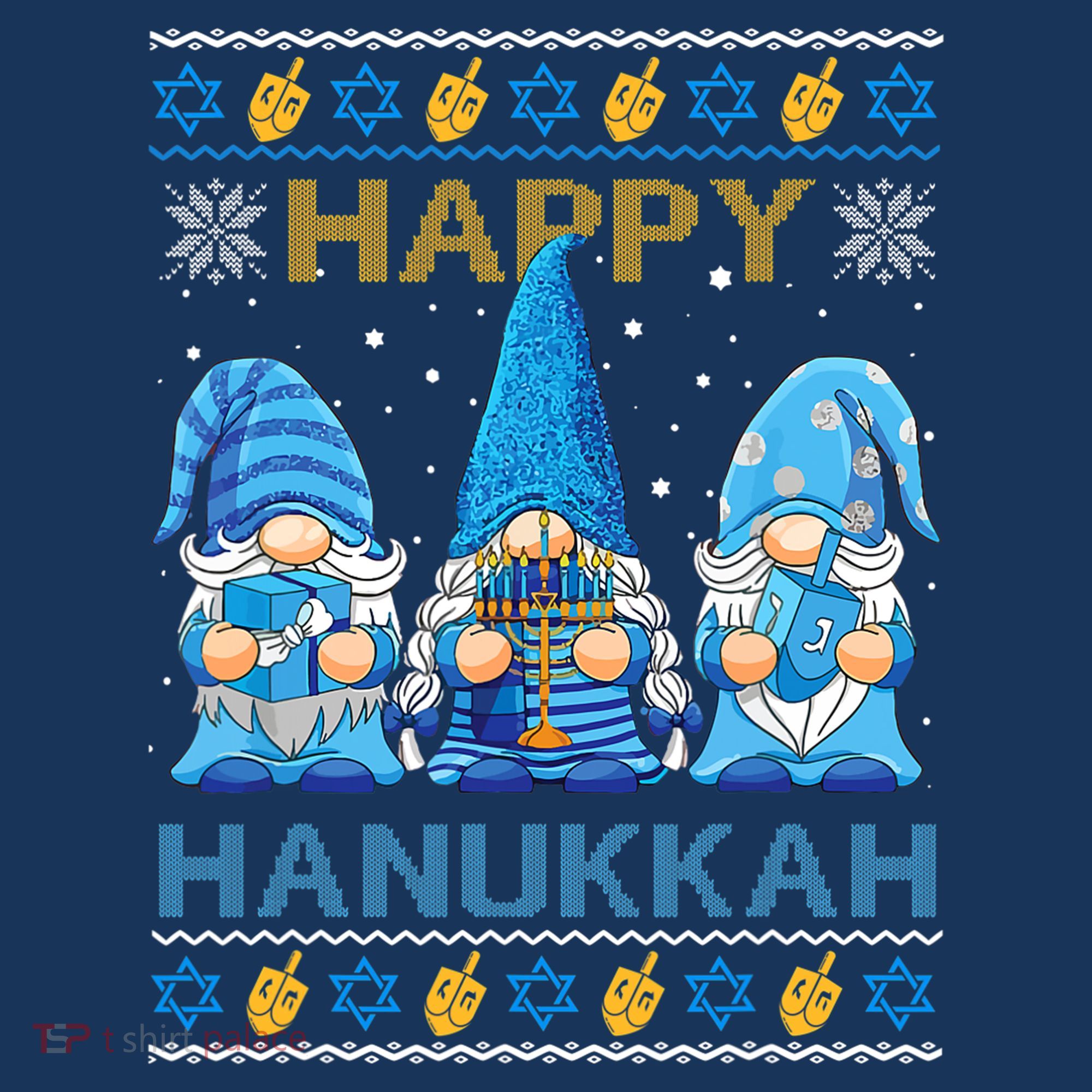 Happy Hanukkah Ugly Christmas Gnome Gnomies Menorah Dreidel T-Shirt
