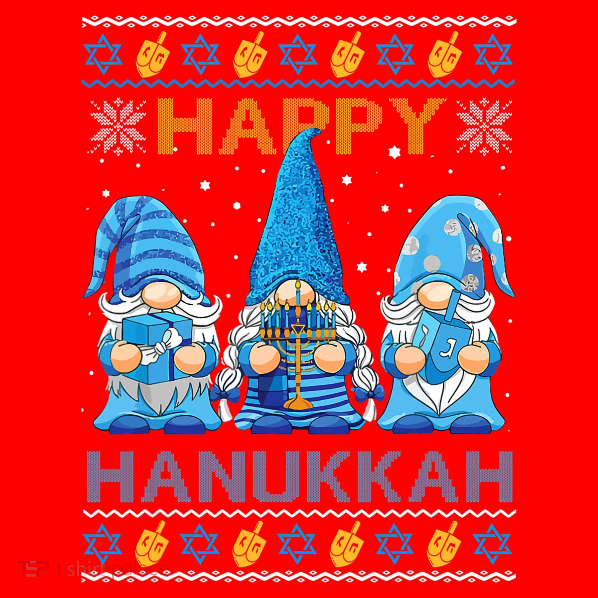 Happy Hanukkah Ugly Christmas Gnome Gnomies Menorah Dreidel Santa Hat