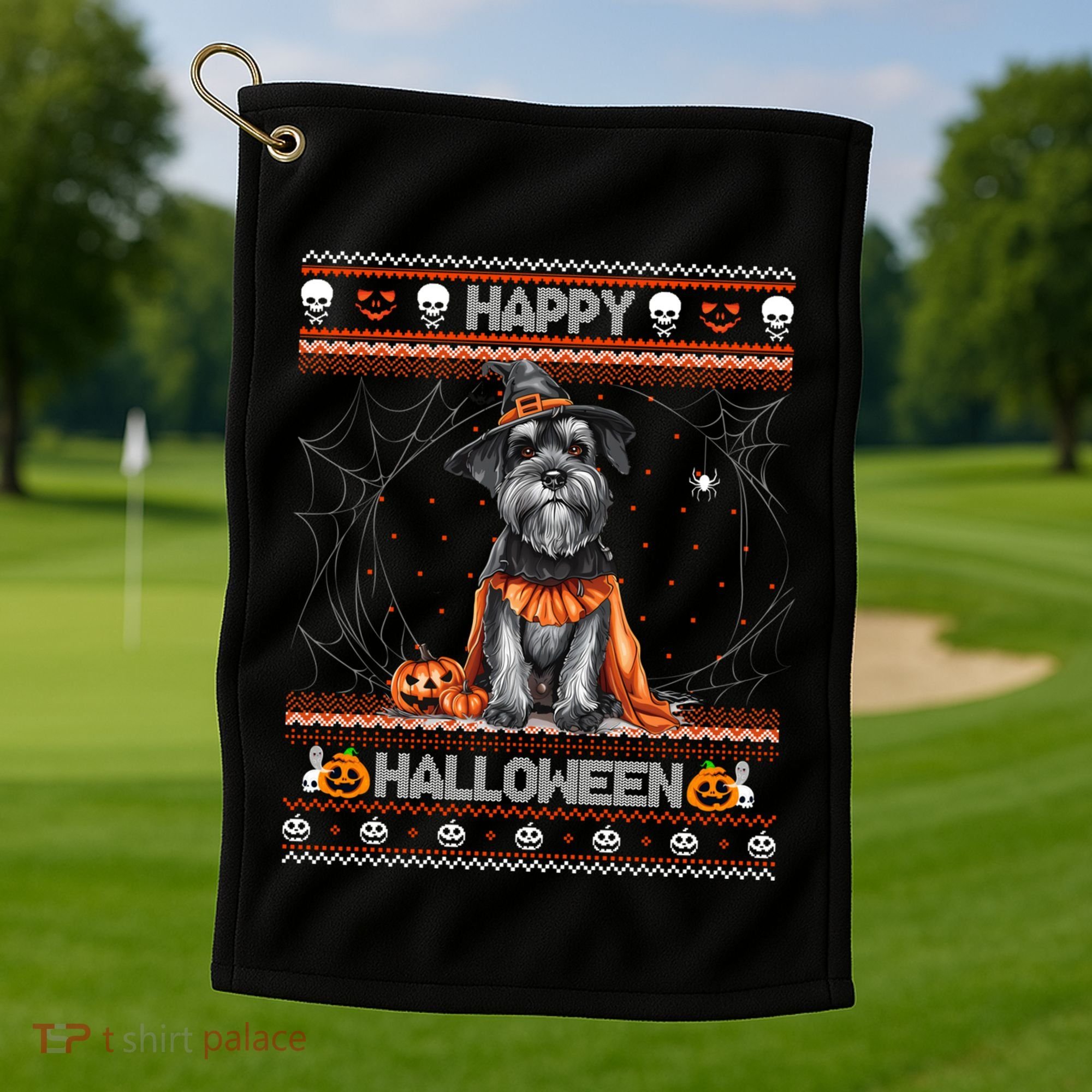 Happy Halloween Ugly Miniature Schnauzer Howloween Pumpkin Gift Golf Towel